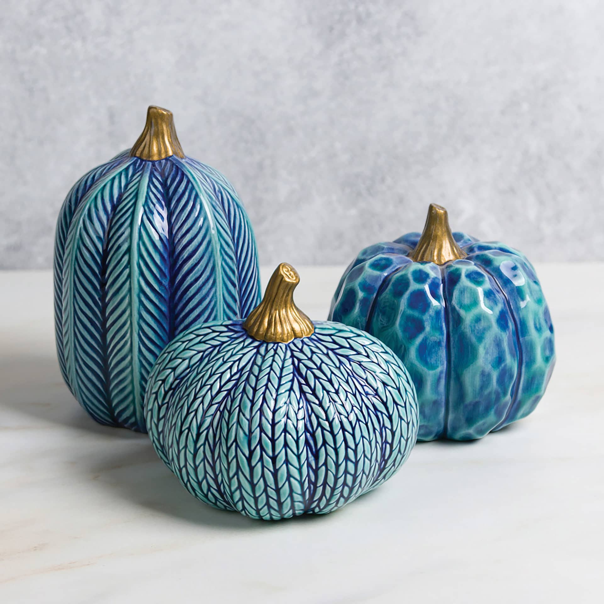 Mayco Elements Glazes - three finished pumpkin examples