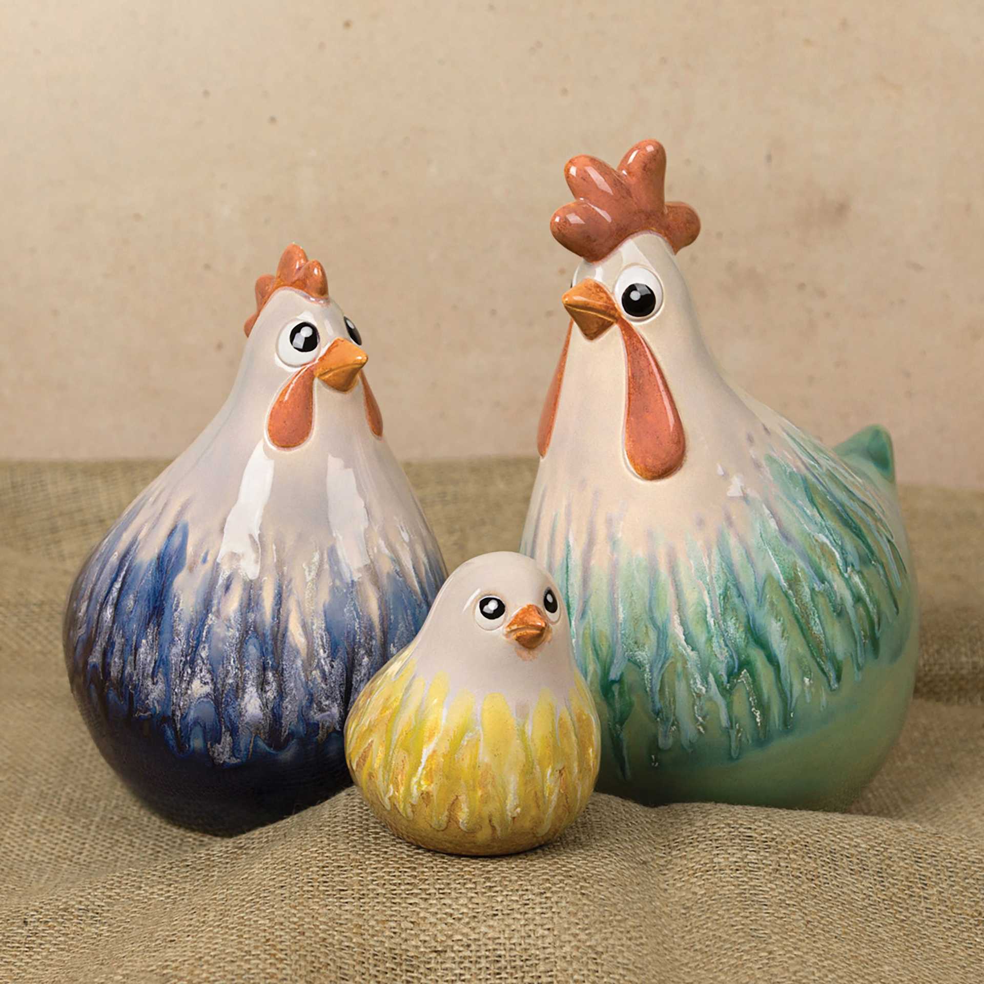 Mayco Elements Glazes - three finished chicken statue examples