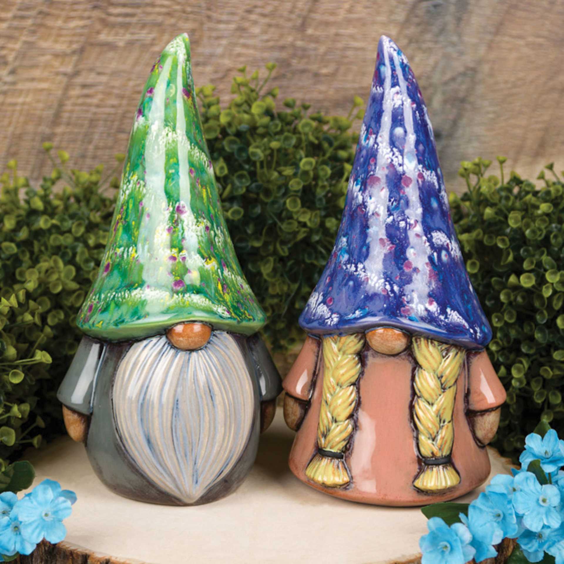 Mayco Elements Glazes - two finished gnome statue examples