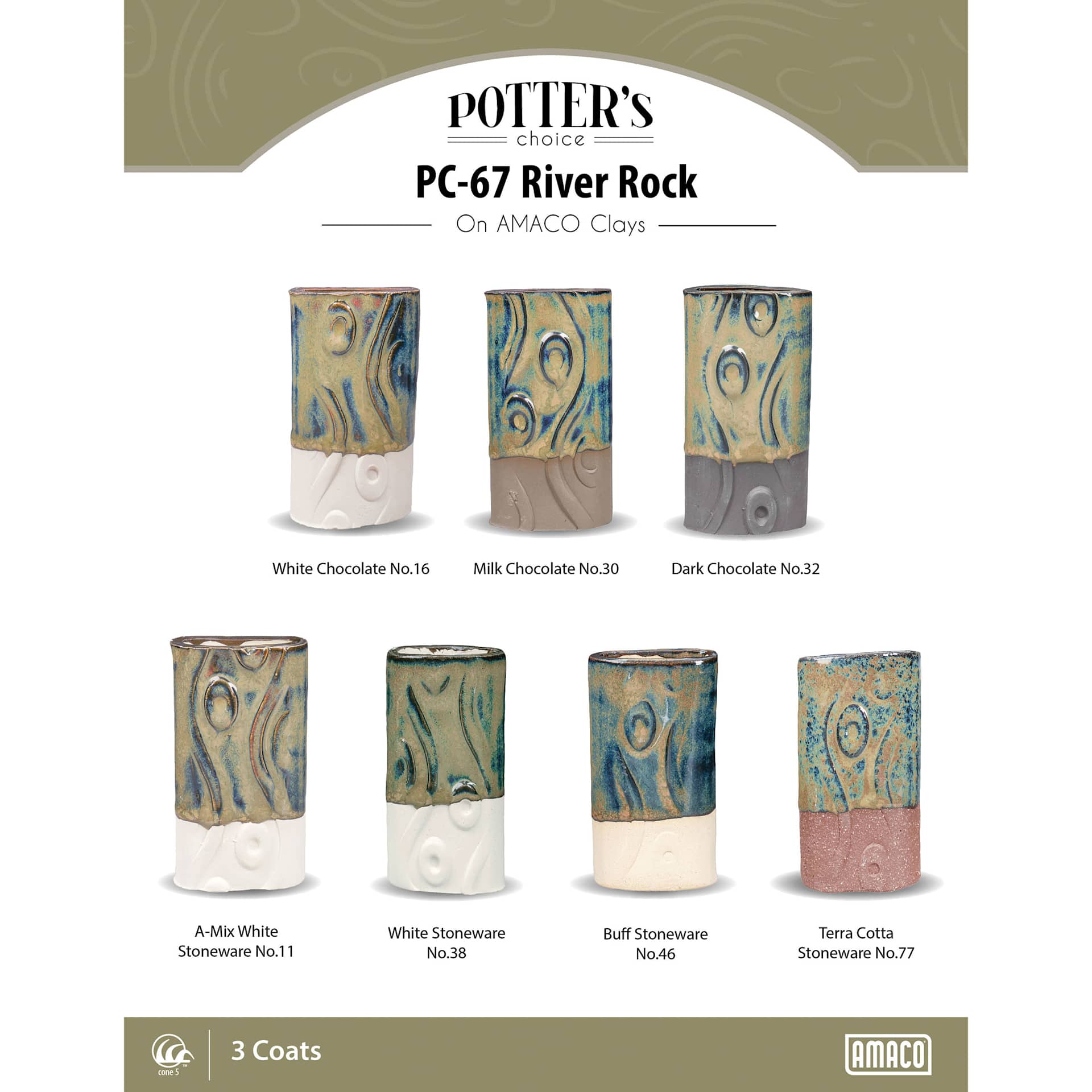River Rock Amaco Potter's Choice Glaze - 3 coats applied to Applied to White Chocolate, Milk Chocolate, Dark Chocolate, A-Mix White Stoneware, White Stoneware, Buff Stoneware, and Terra Cotta Stoneware clays.