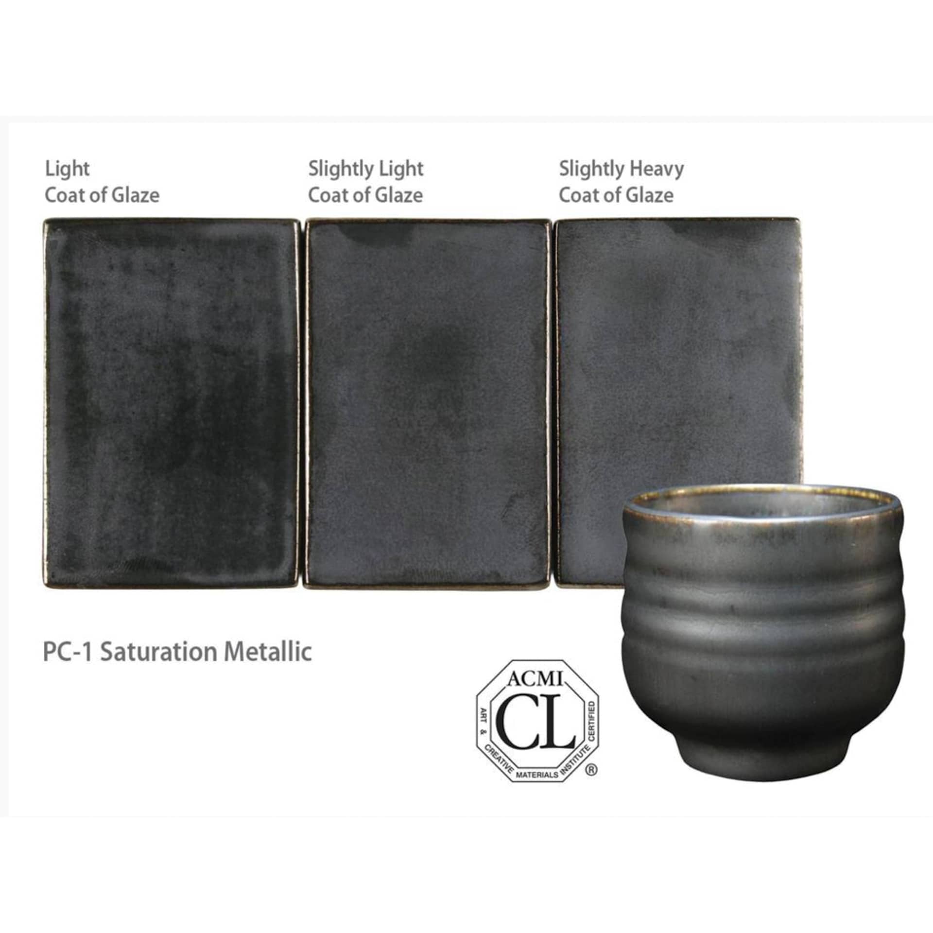 Saturation Metallic Amaco Potter's Choice Glaze - Light coat of glaze; Slightly light coat of glaze; and Slightly heavy coat of glaze.