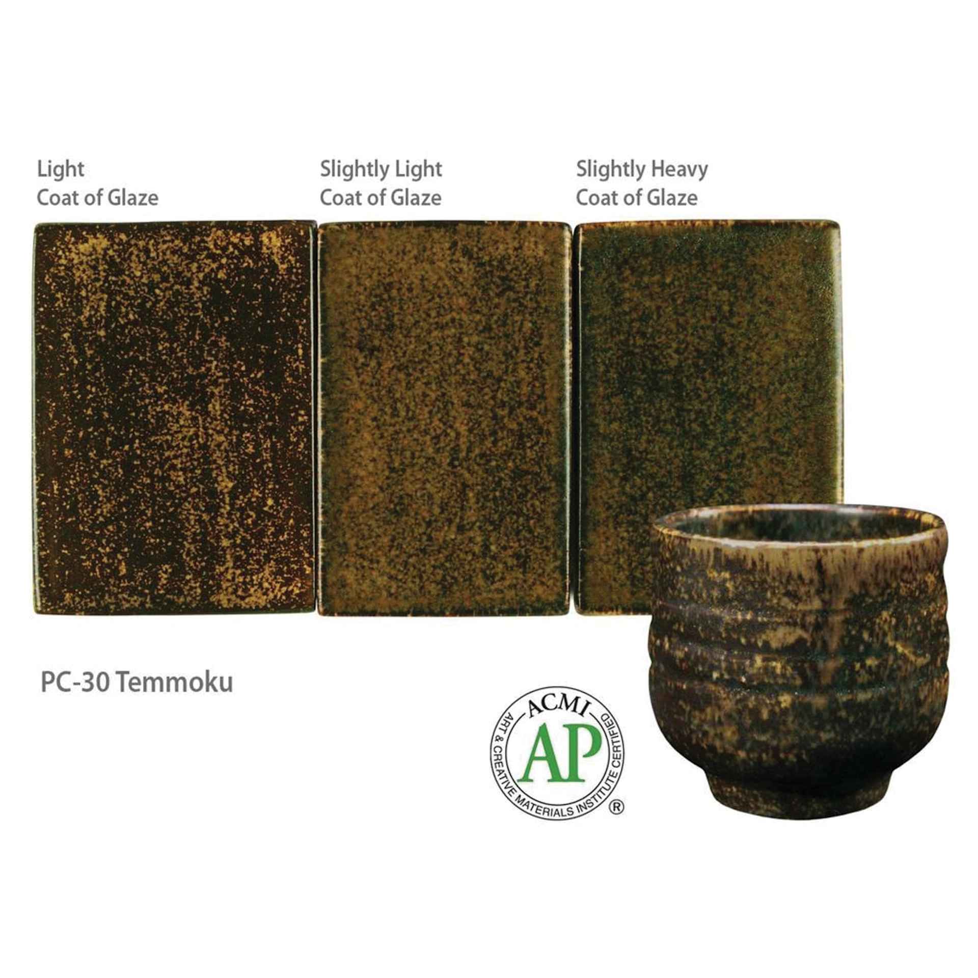 Temmoku Amaco Potter's Choice Glaze - Light coat of glaze; Slightly light coat of glaze; and Slightly heavy coat of glaze.