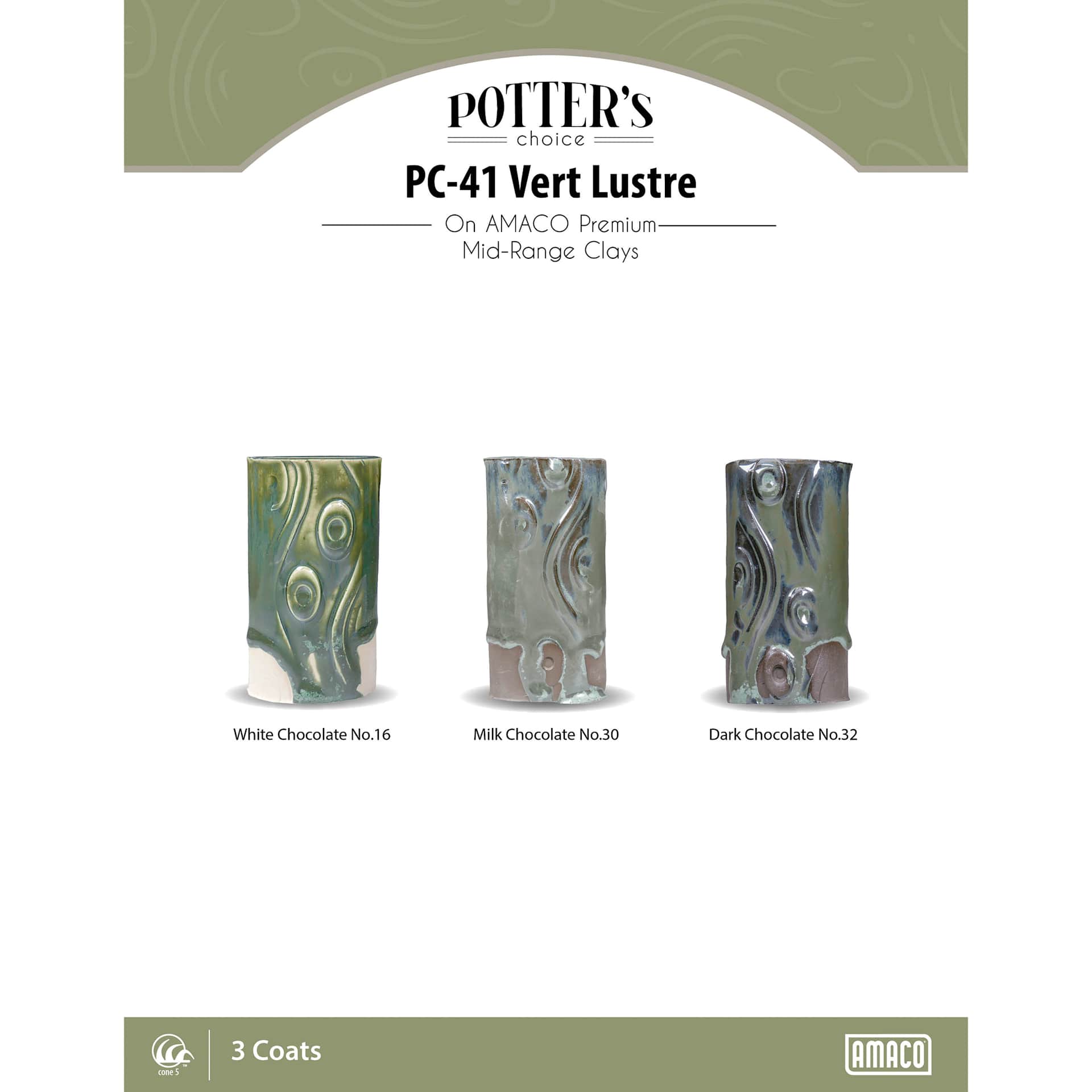 Vert Lustre Amaco Potter's Choice Glaze - 3 coats applied to Applied to White Chocolate No. 16 clay; Milk Chocolate No. 30 clay; and Dark Chocolate No. 32 clay. 
