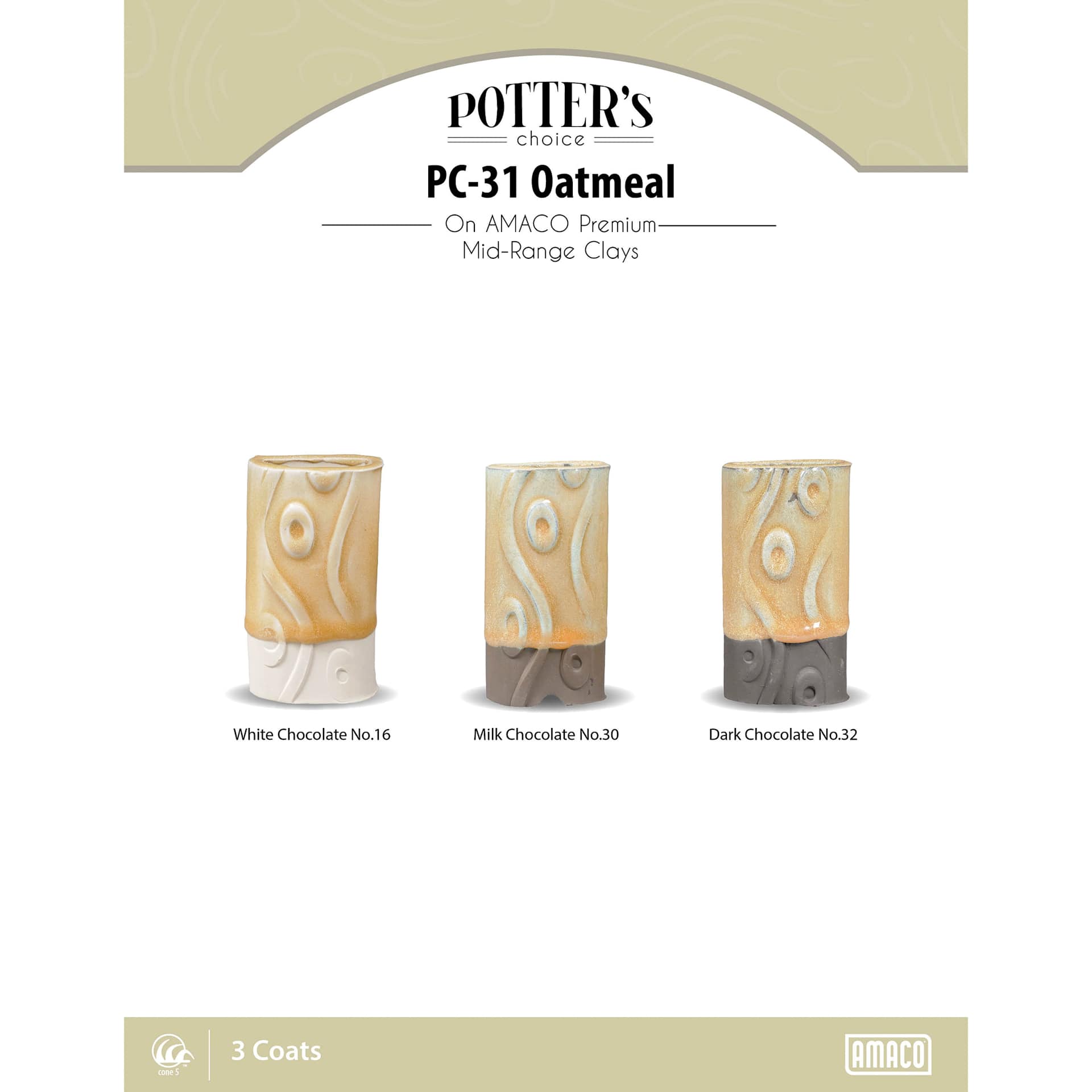 Oatmeal Amaco Potter's Choice Glaze - 3 coats applied to Applied to White Chocolate No. 16 clay; Milk Chocolate No. 30 clay; and Dark Chocolate No. 32 clay.