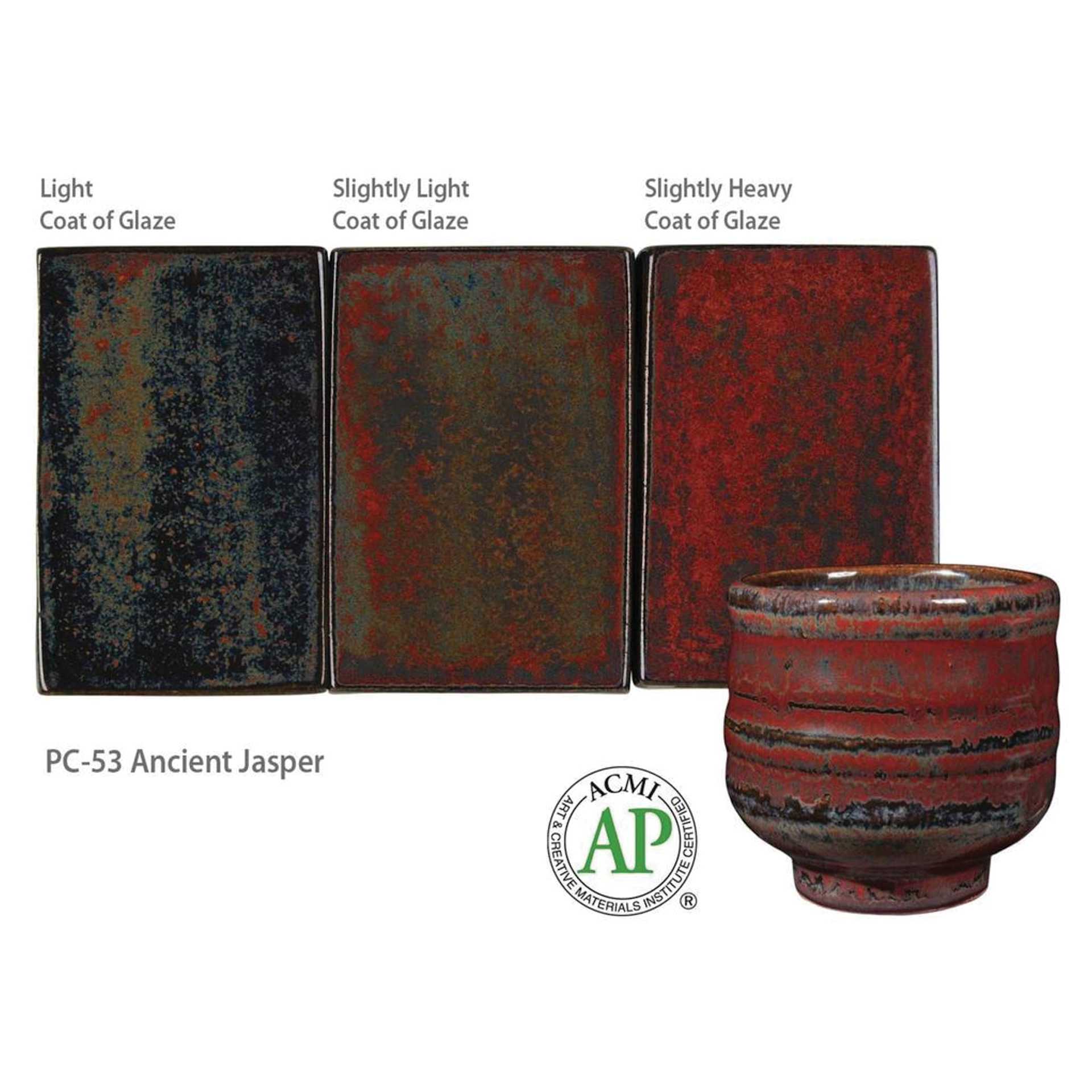 Ancient Jasper Amaco Potter's Choice Glaze - Light coat of glaze; Slightly light coat of glaze; and Slightly heavy coat of glaze.