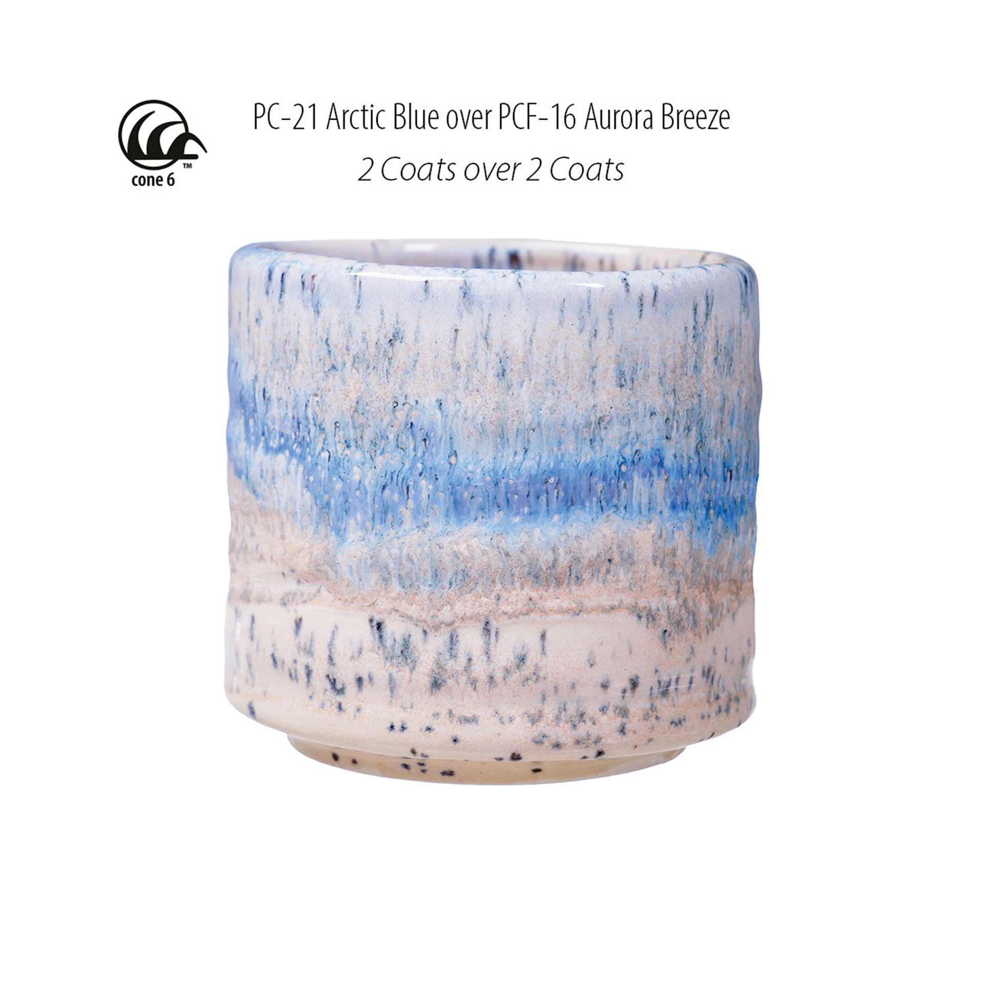 Cone 6. PC-21 Arctic Blue over PCF-16 Aurora Breeze. 2 Coats over 2 Coats.