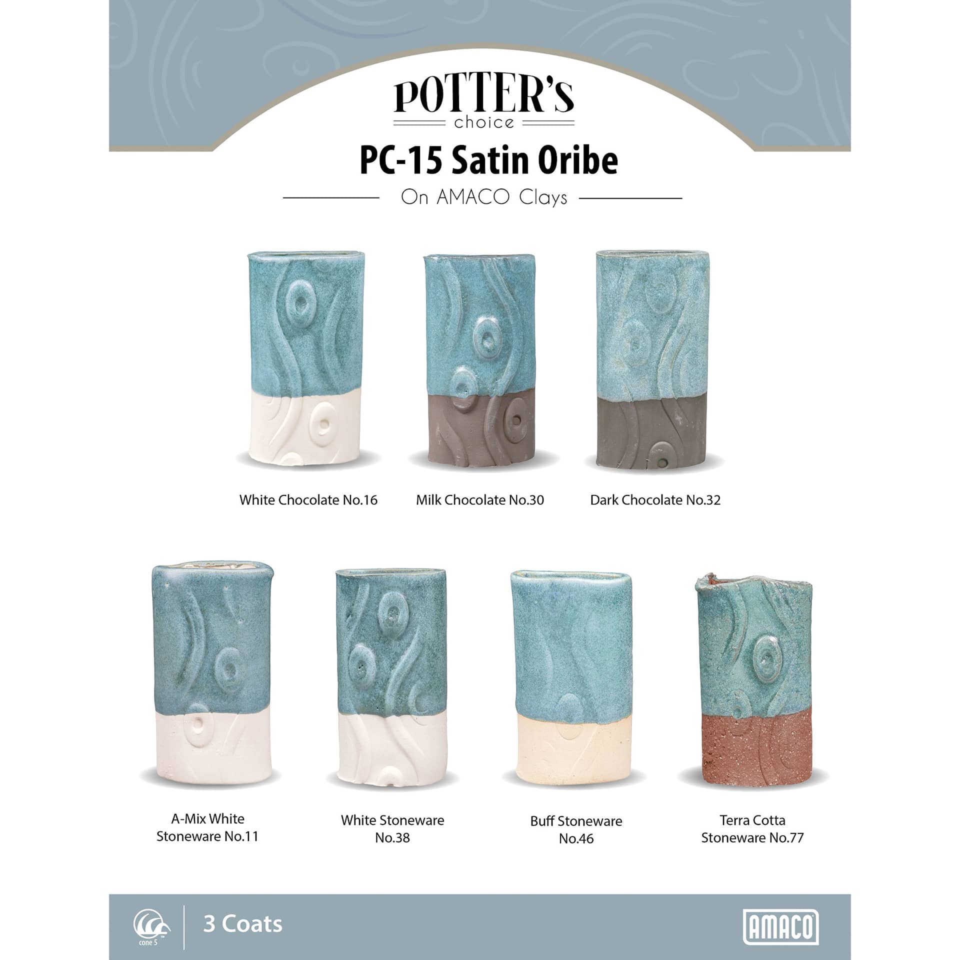 Sating Oribe Amaco Potter's Choice Glaze - 3 coats applied to Applied to White Chocolate, Milk Chocolate, Dark Chocolate, A-Mix White Stoneware, White Stoneware, Buff Stoneware, and Terra Cotta Stoneware clays.