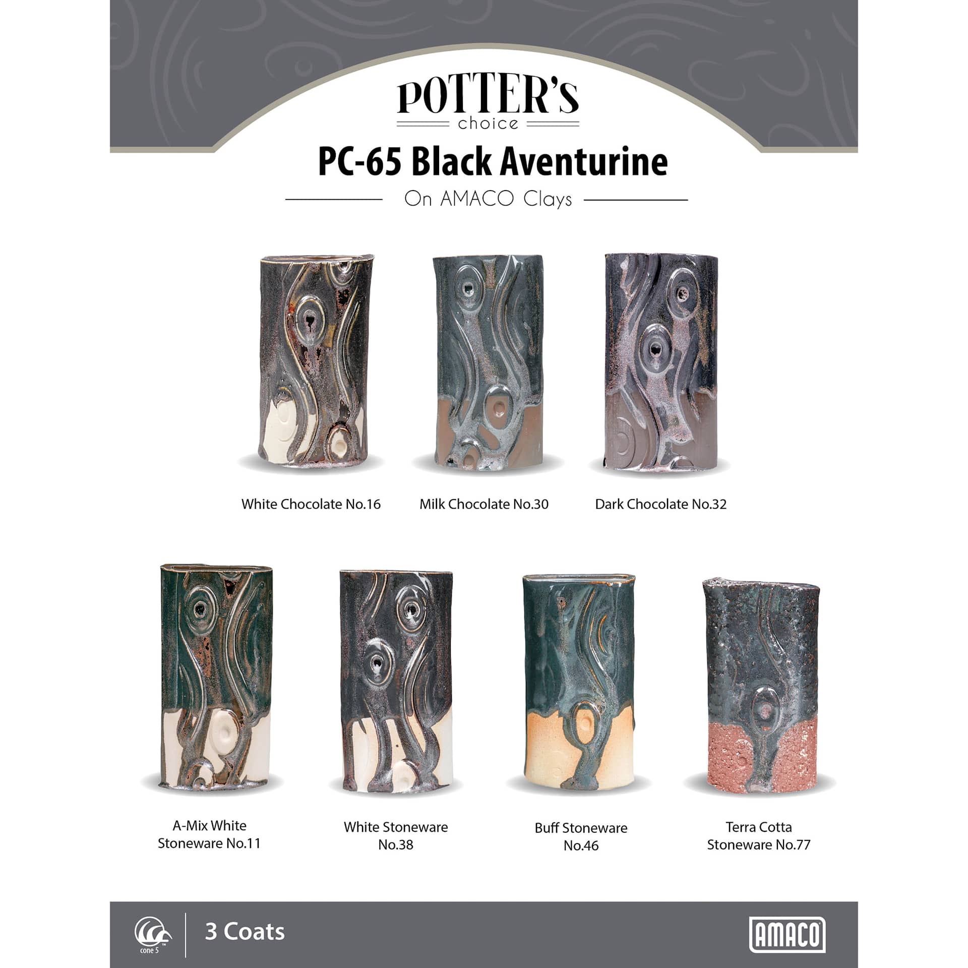 Black Aventurine Amaco Potter's Choice Glaze - 3 coats applied to Applied to White Chocolate, Milk Chocolate, Dark Chocolate, A-Mix White Stoneware, White Stoneware, Buff Stoneware, and Terra Cotta Stoneware clays. 