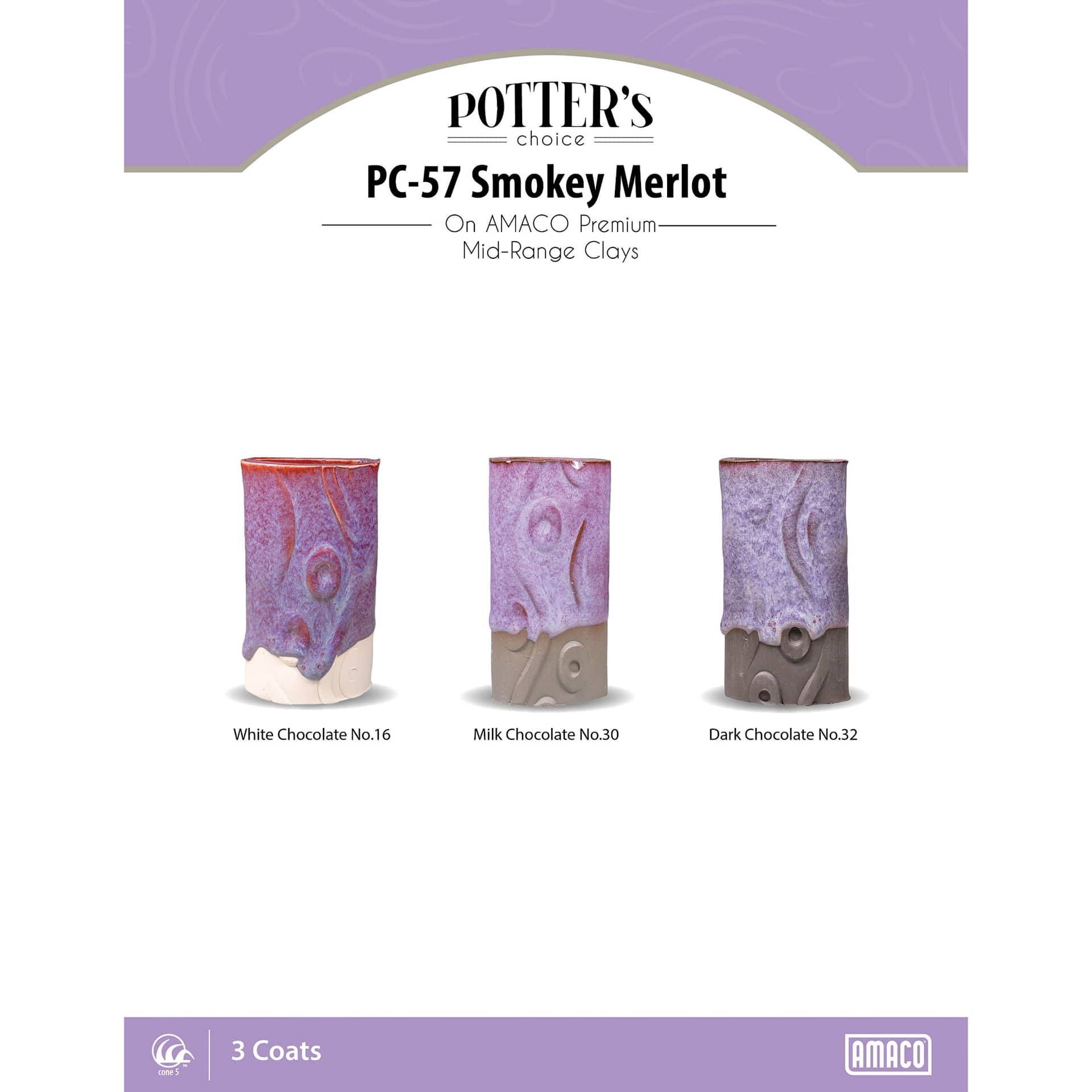 Smokey Merlot Amaco Potter's Choice Glaze - 3 coats applied to Applied to White Chocolate No. 16 clay; Milk Chocolate No. 30 clay; and Dark Chocolate No. 32 clay.
