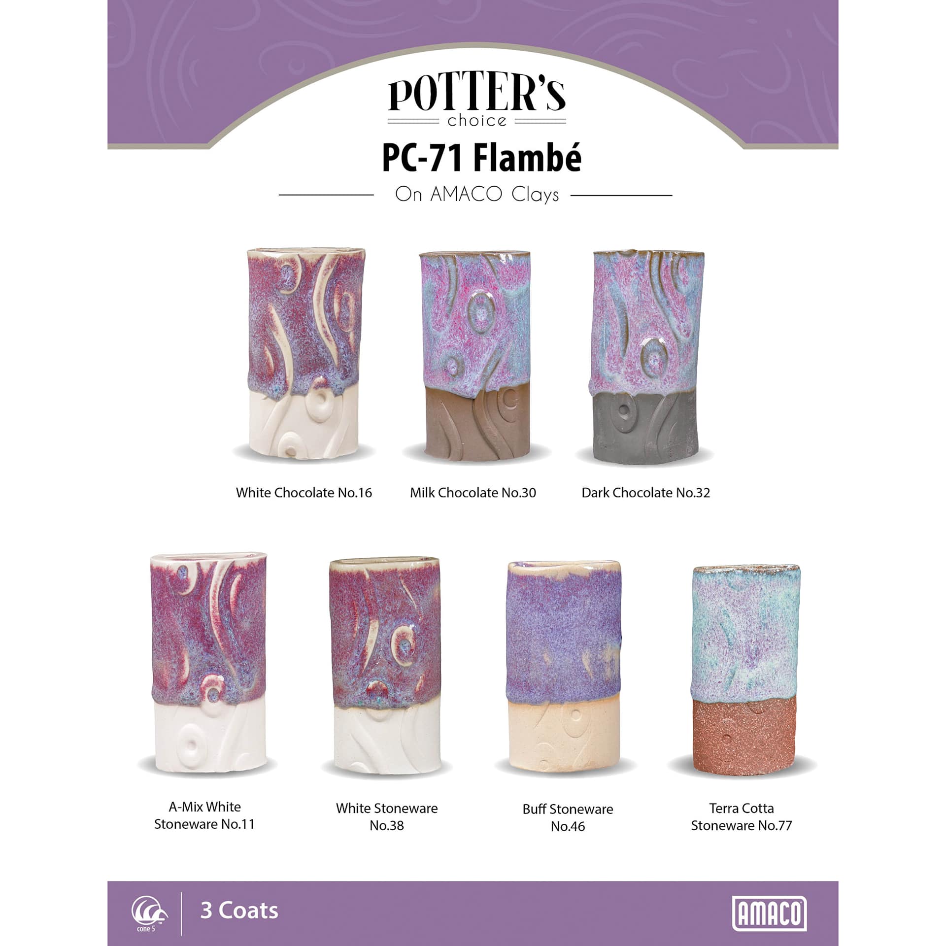 Flambe Amaco Potter's Choice Glaze - 3 coats applied to Applied to White Chocolate, Milk Chocolate, Dark Chocolate, A-Mix White Stoneware, White Stoneware, Buff Stoneware, and Terra Cotta Stoneware clays.