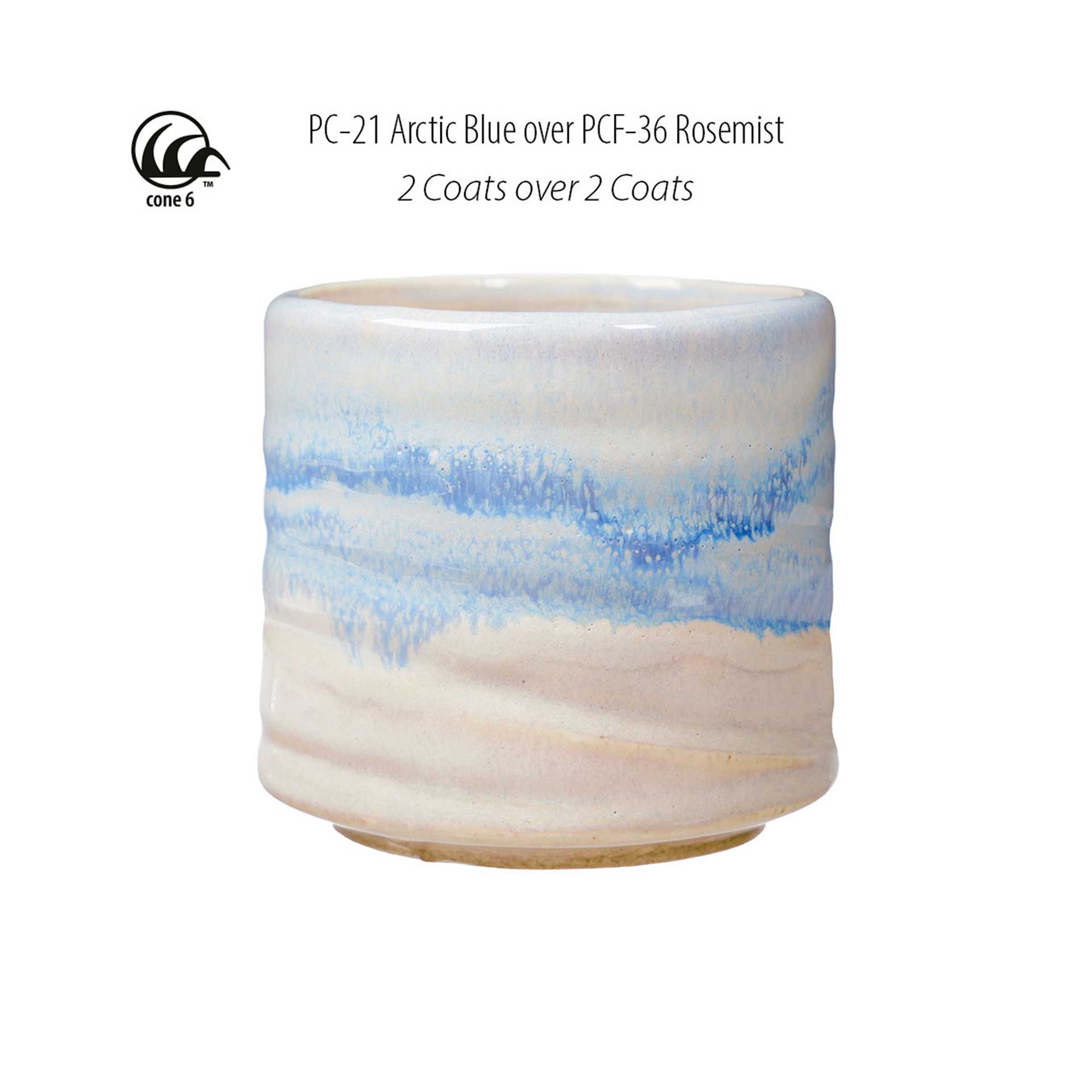 Cone 6. PC-21 Arctic Blue over PCF-36 Rose Mist. 2 Coats over 2 Coats.