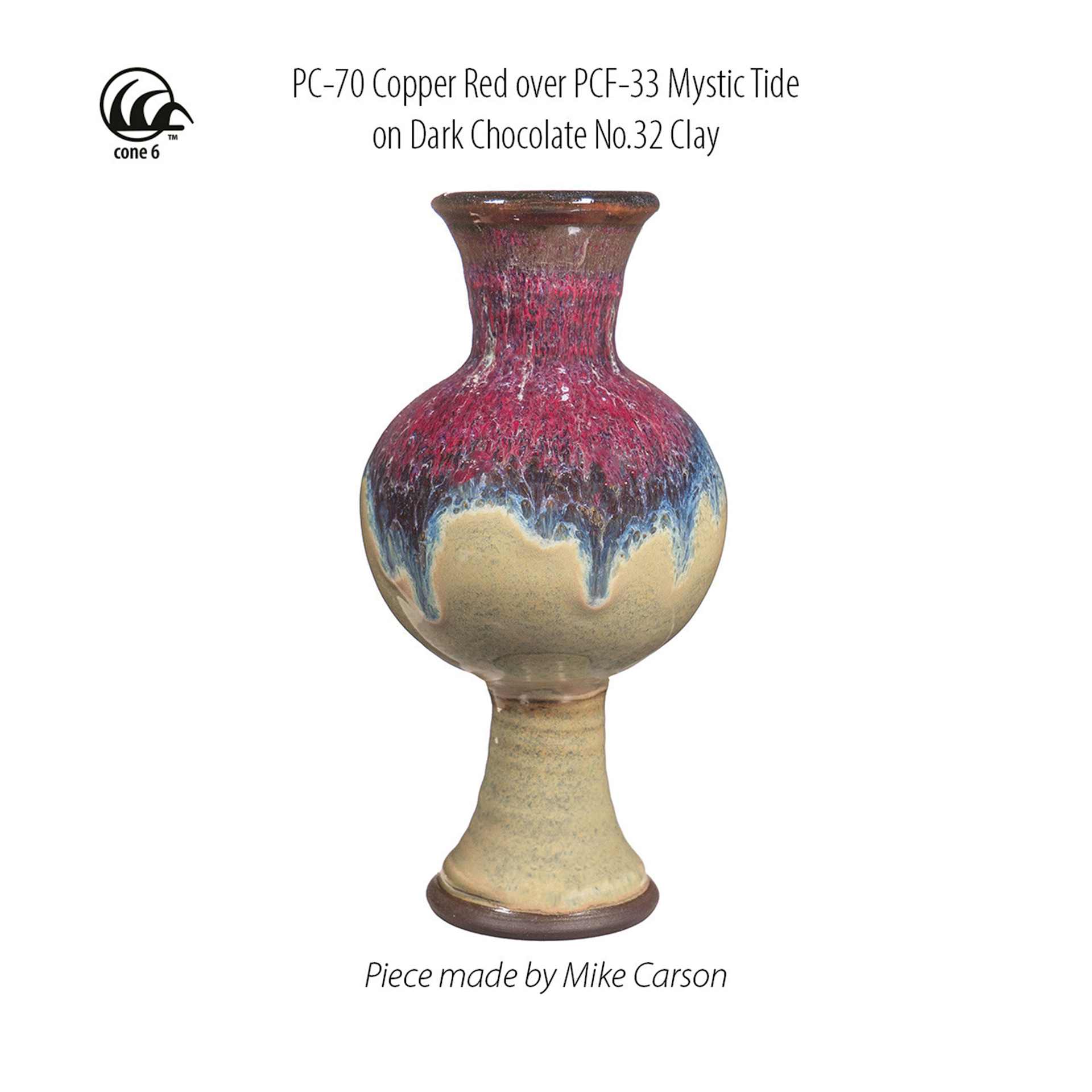 Amaco Potter's Choice Glaze Copper Red over PCF-33 Mystic Tide on Dark Chocolate No. 32 Clay. Piece by Mike Carson