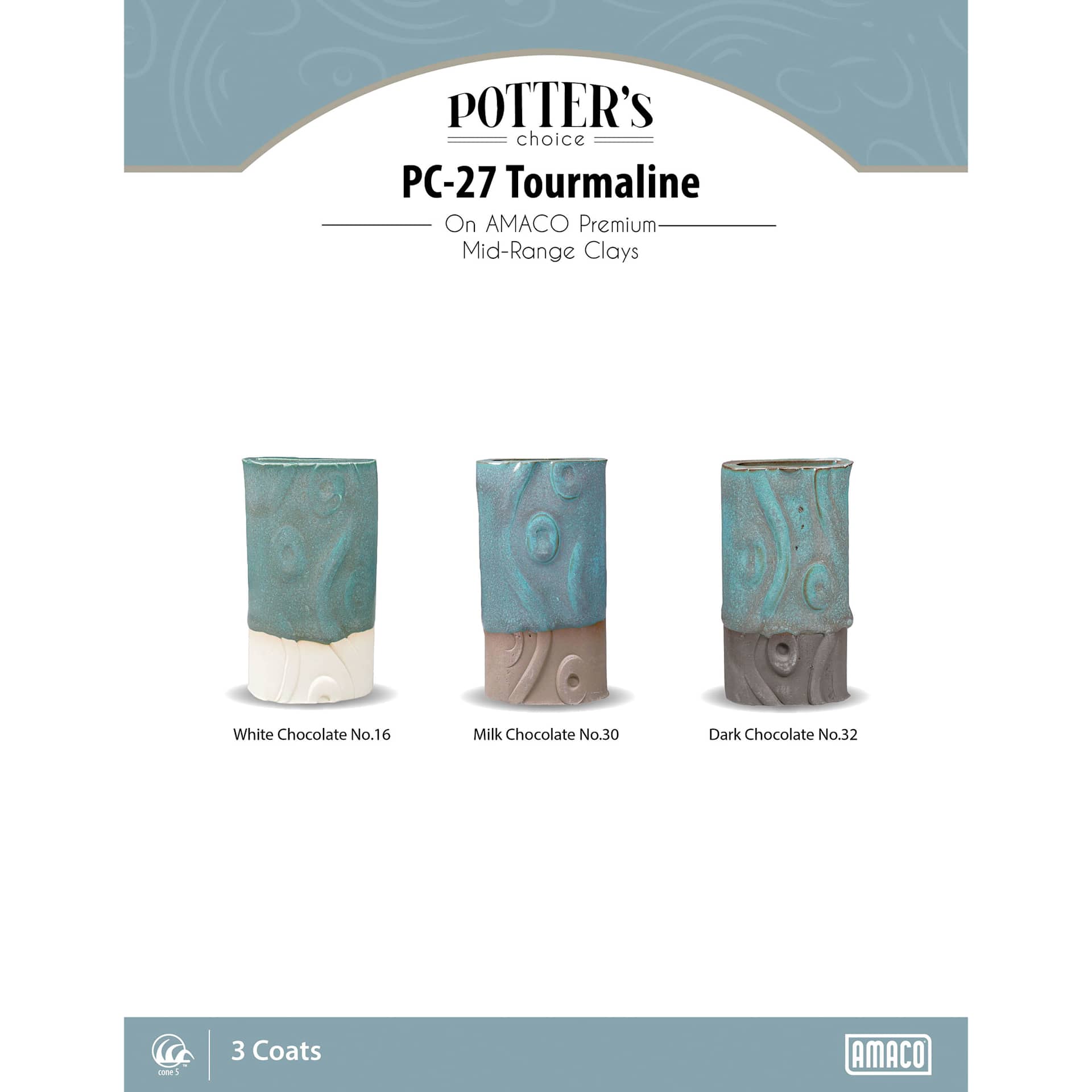 Tourmaline Amaco Potter's Choice Glaze - 3 coats applied to Applied to White Chocolate No. 16 clay; Milk Chocolate No. 30 clay; and Dark Chocolate No. 32 clay.