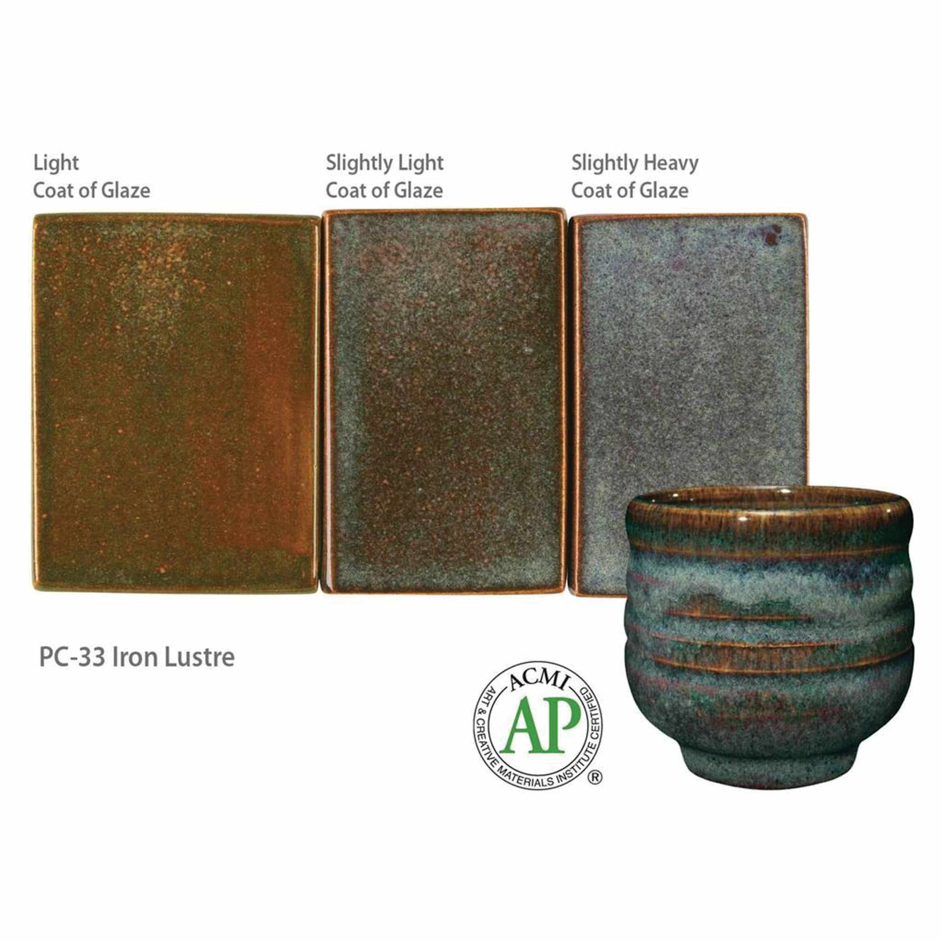 Iron Lustre Amaco Potter's Choice Glaze - Light coat of glaze; Slightly light coat of glaze; and Slightly heavy coat of glaze.