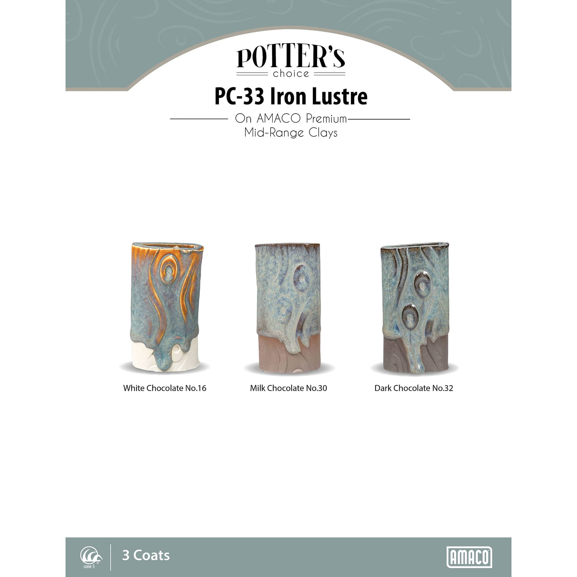 Iron Lustre Amaco Potter's Choice Glaze - 3 coats applied to Applied to White Chocolate No. 16 clay; Milk Chocolate No. 30 clay; and Dark Chocolate No. 32 clay.