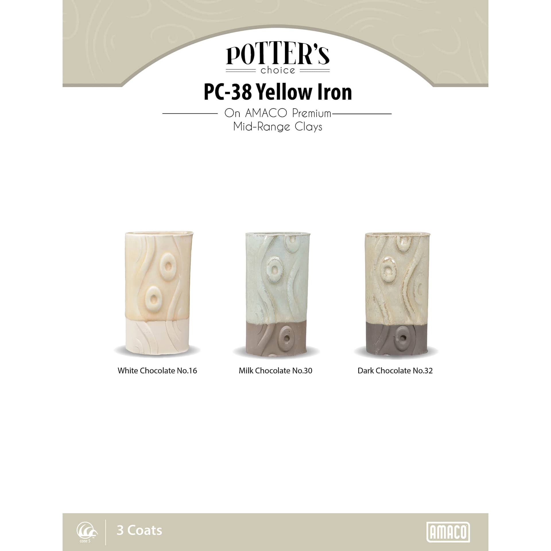 Yellow Iron Amaco Potter's Choice Glaze - 3 coats applied to Applied to White Chocolate No. 16 clay; Milk Chocolate No. 30 clay; and Dark Chocolate No. 32 clay.