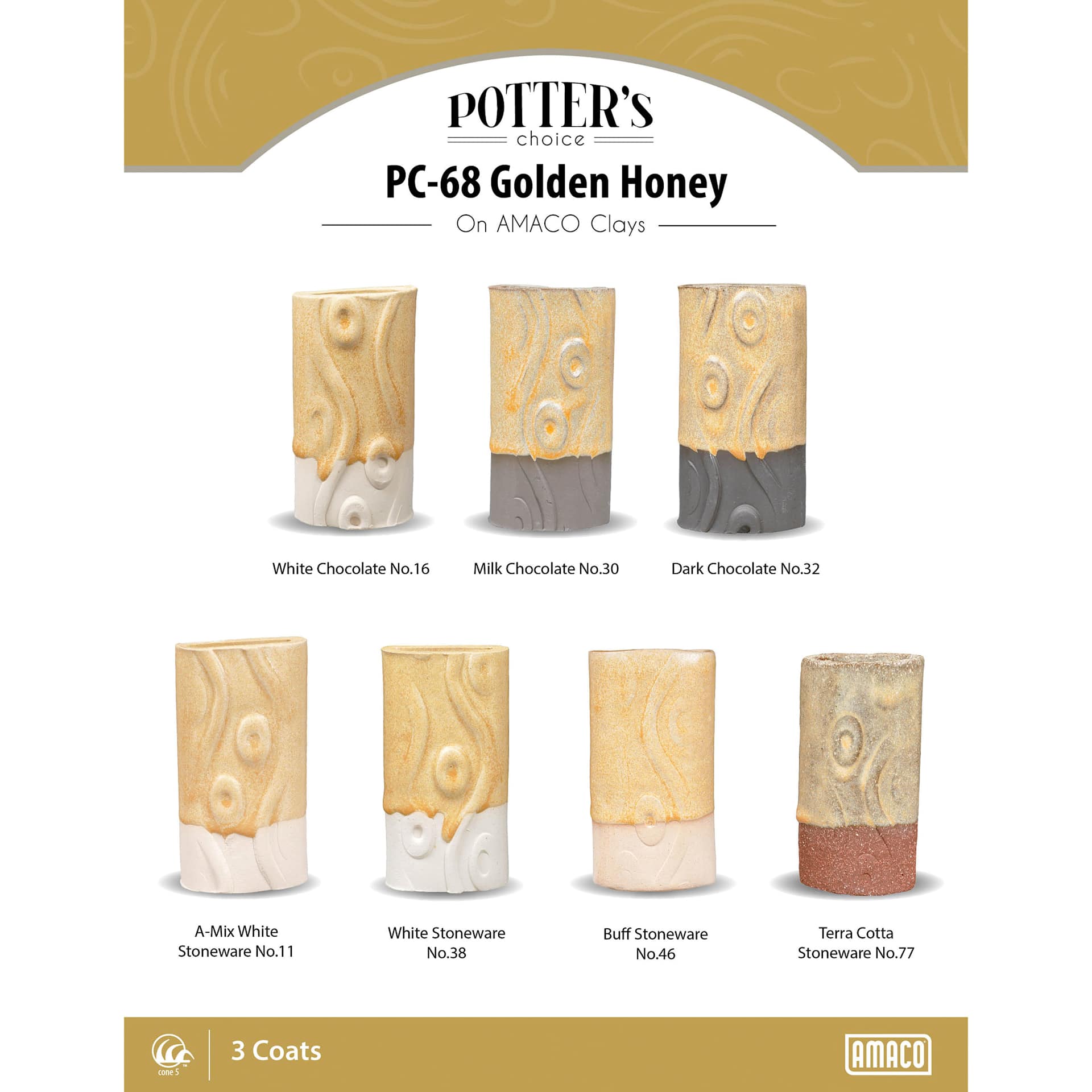 Golden Honey Amaco Potter's Choice Glaze - 3 coats applied to Applied to White Chocolate, Milk Chocolate, Dark Chocolate, A-Mix White Stoneware, White Stoneware, Buff Stoneware, and Terra Cotta Stoneware clays.