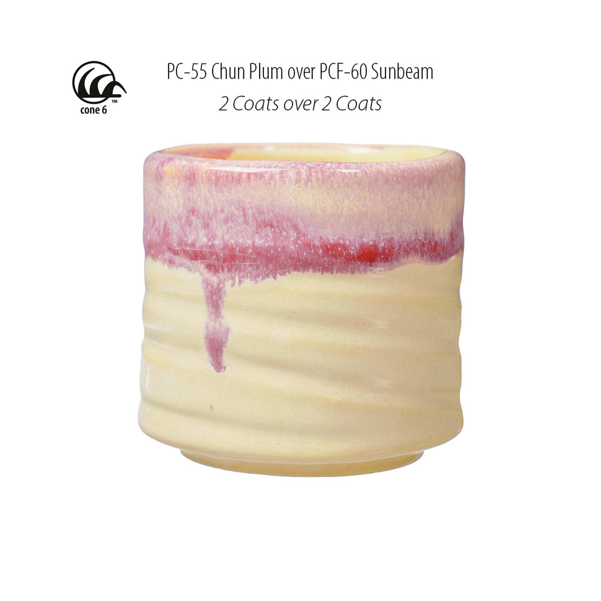 Cone 6. PC-55 Chun Plum over PCF-60 Sunbeam. 2 Coats over 2 Coats.