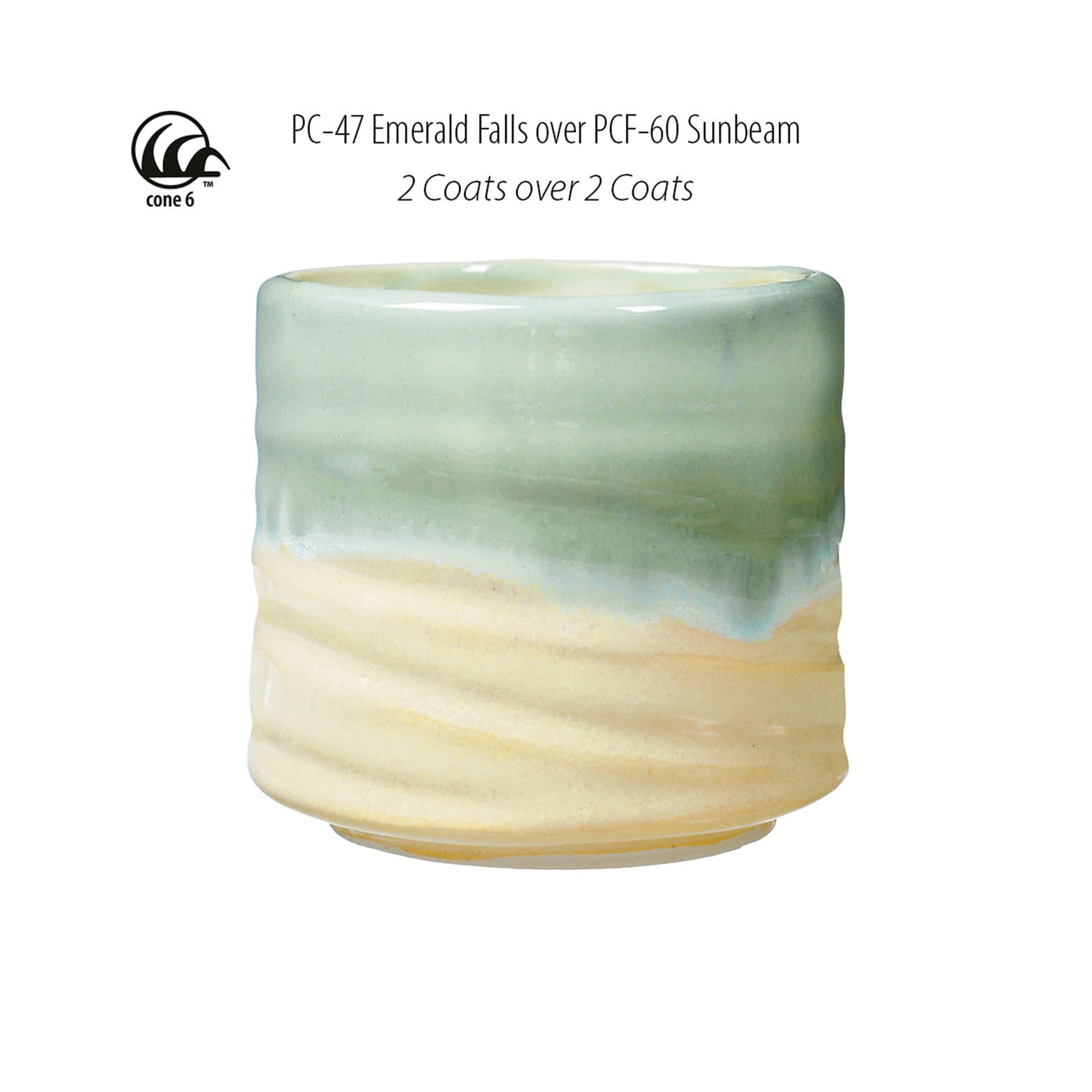 Cone 6. PC-47 Emerald Falls over PCF-60 Sunbeam. 2 Coats over 2 Coats.