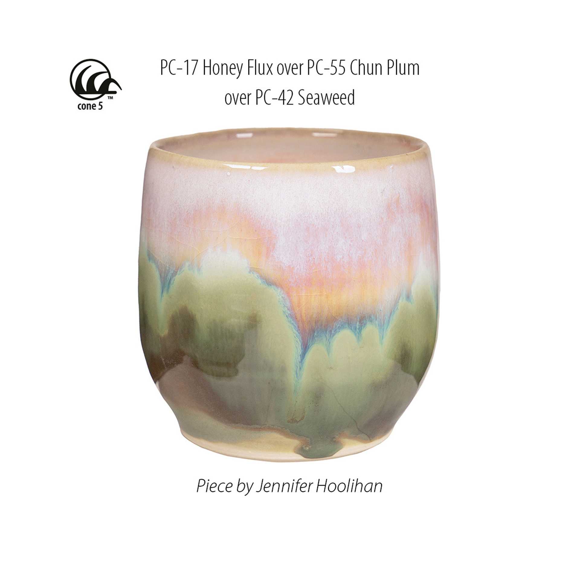 Honey Flux Amaco Potter's Choice Glaze over PC-55 Chun Plum over PC-42 Seaweed. Piece by Jennifer Hoolihan
