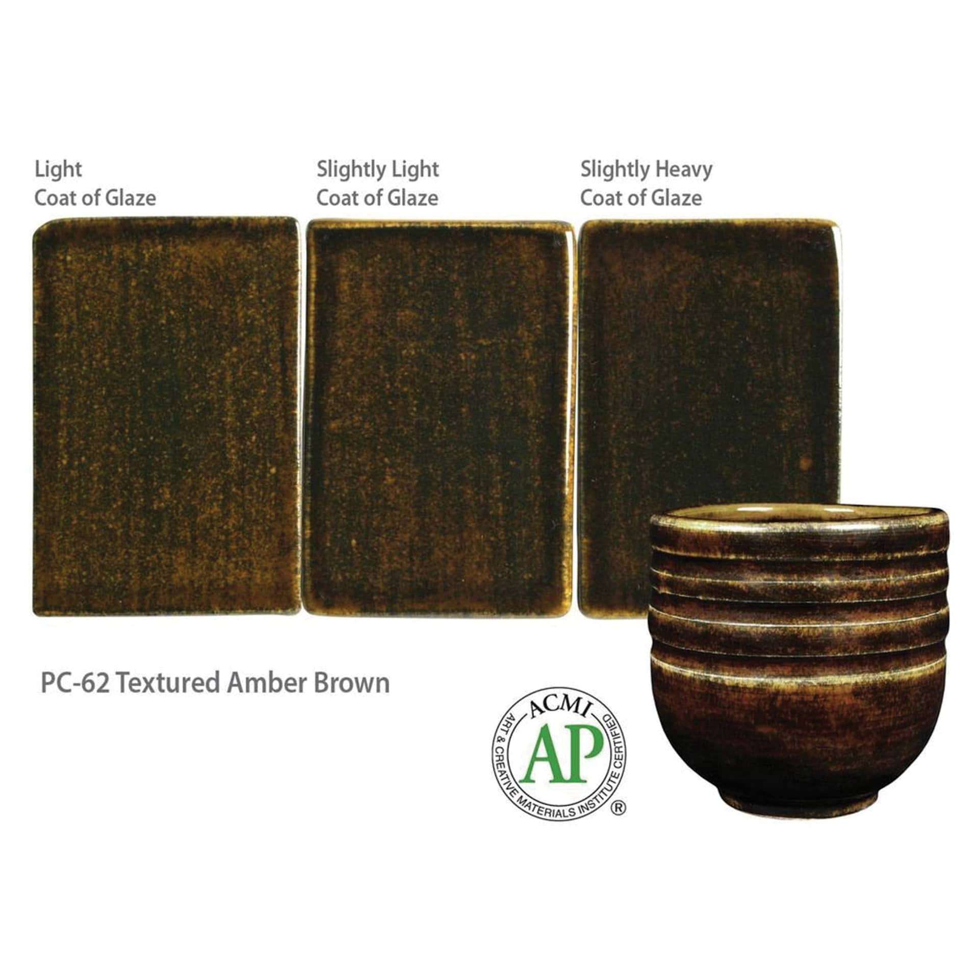 Textured Amber Brown Amaco Potter's Choice Glaze - Light coat of glaze; Slightly light coat of glaze; and Slightly heavy coat of glaze.