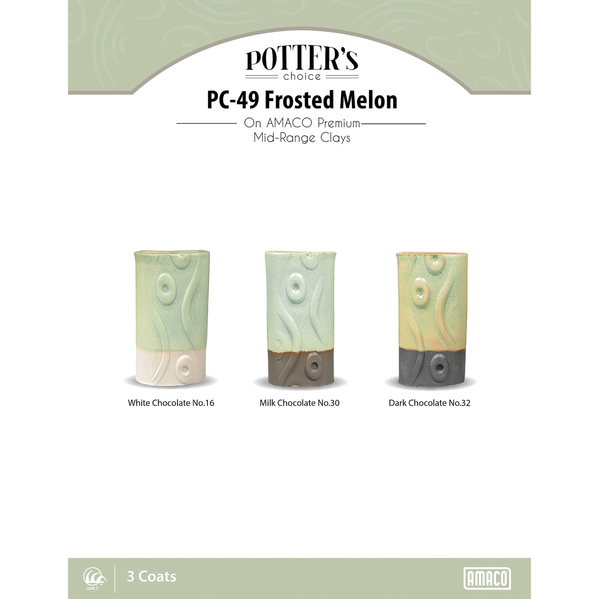Frosted Melon Amaco Potter's Choice Glaze - 3 coats applied to Applied to White Chocolate No. 16 clay; Milk Chocolate No. 30 clay; and Dark Chocolate No. 32 clay.