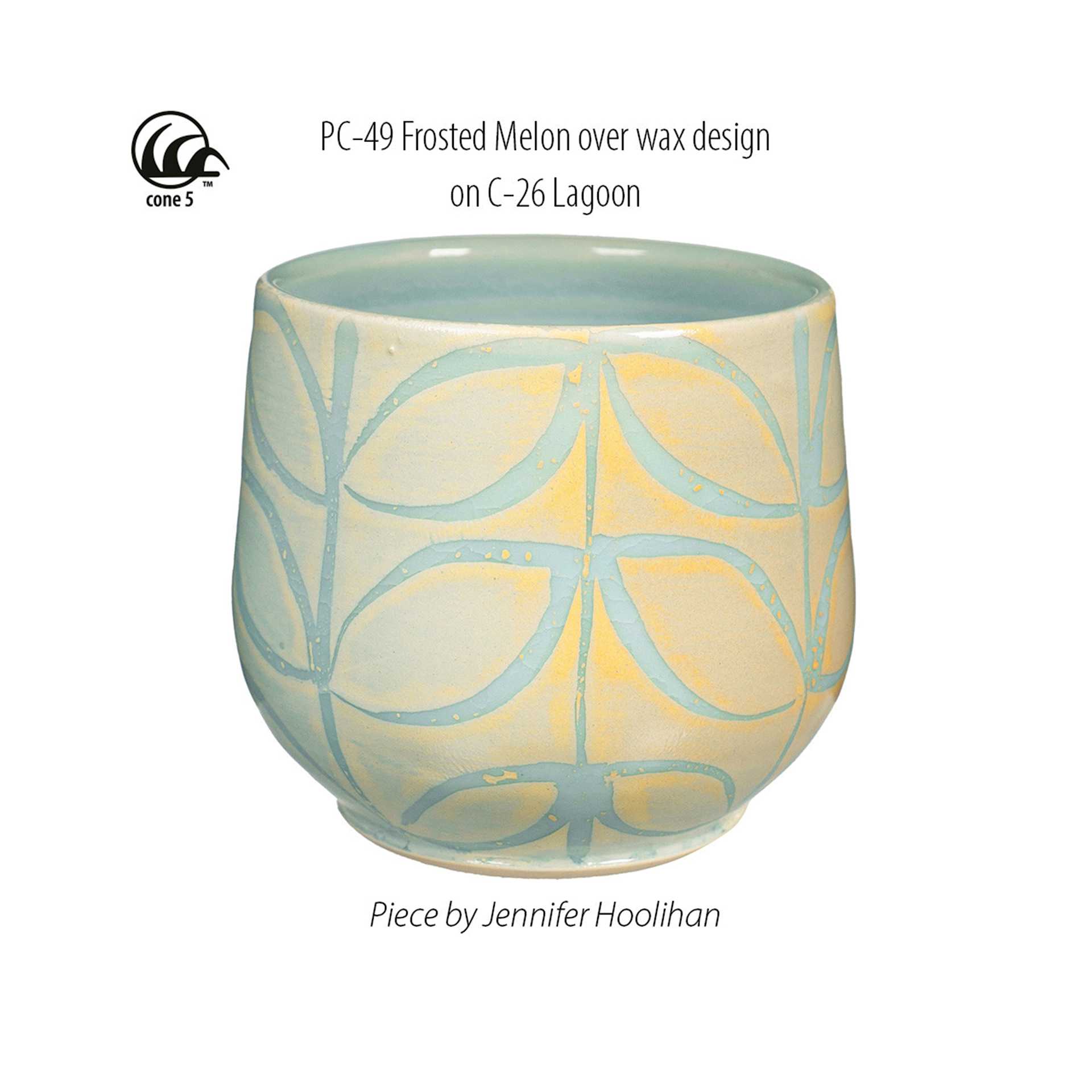 Frosted Melon Amaco Potter's Choice Glaze over wax design on C-26 Lagoon. Piece by Jennifer Hoolihan