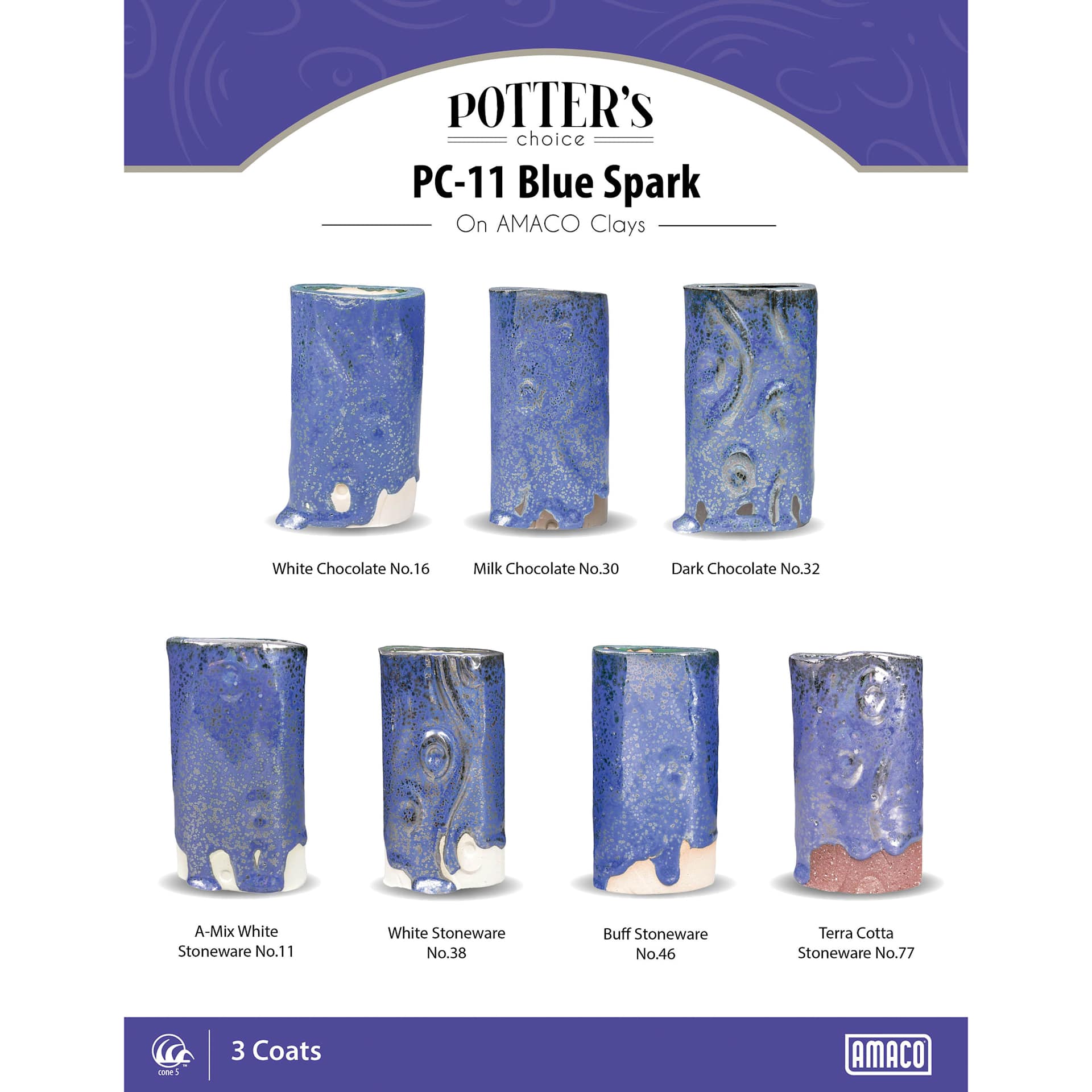 Blue Spark Amaco Potter's Choice Glaze - 3 coats applied to Applied to White Chocolate, Milk Chocolate, Dark Chocolate, A-Mix White Stoneware, White Stoneware, Buff Stoneware, and Terra Cotta Stoneware clays.