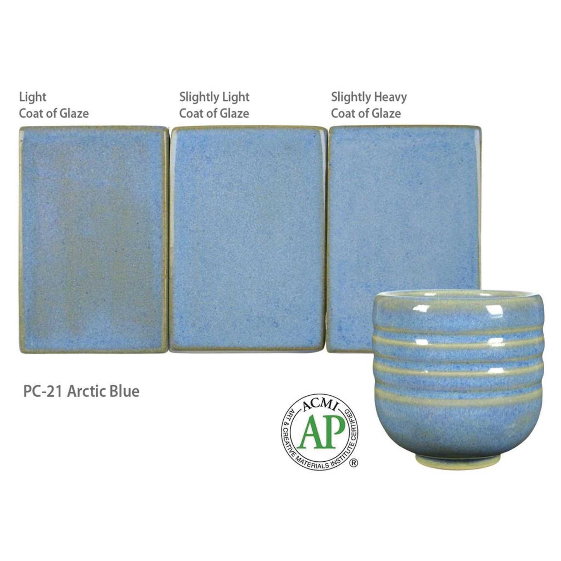 Arctic Blue Amaco Potter's Choice Glaze - Light coat of glaze; Slightly light coat of glaze; and Slightly heavy coat of glaze.
