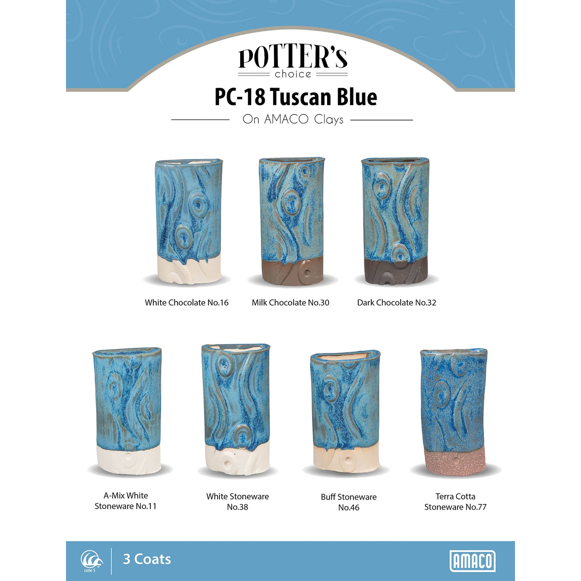 Tuscan Blue Amaco Potter's Choice Glaze - 3 coats applied to Applied to White Chocolate, Milk Chocolate, Dark Chocolate, A-Mix White Stoneware, White Stoneware, Buff Stoneware, and Terra Cotta Stoneware clays.