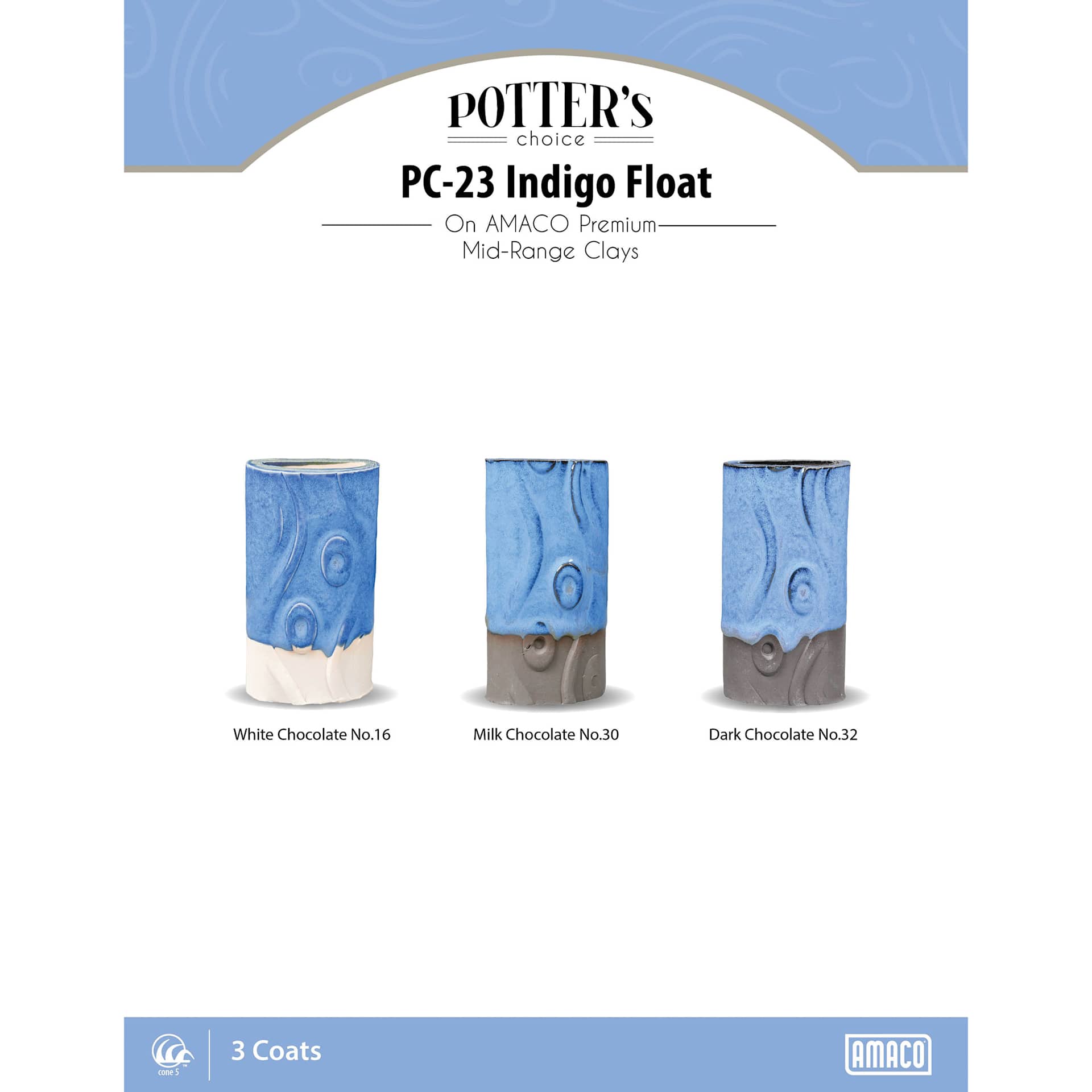 Indigo Float Amaco Potter's Choice Glaze - 3 coats applied to Applied to White Chocolate No. 16 clay; Milk Chocolate No. 30 clay; and Dark Chocolate No. 32 clay. 
