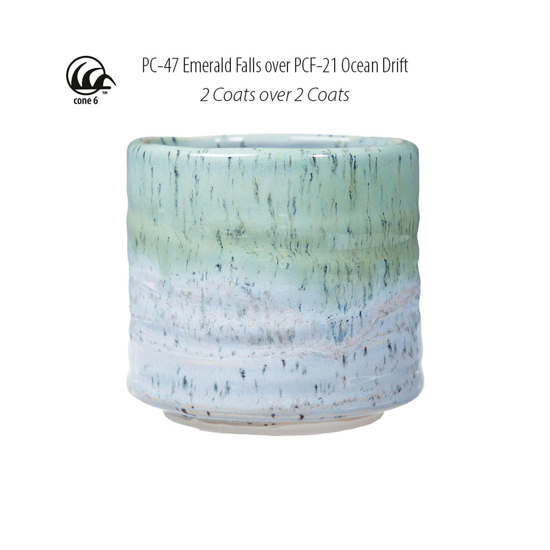 Cone 6. PC-47 Emerald Falls over PCF-21 Ocean Drift. 2 Coats over 2 Coats.