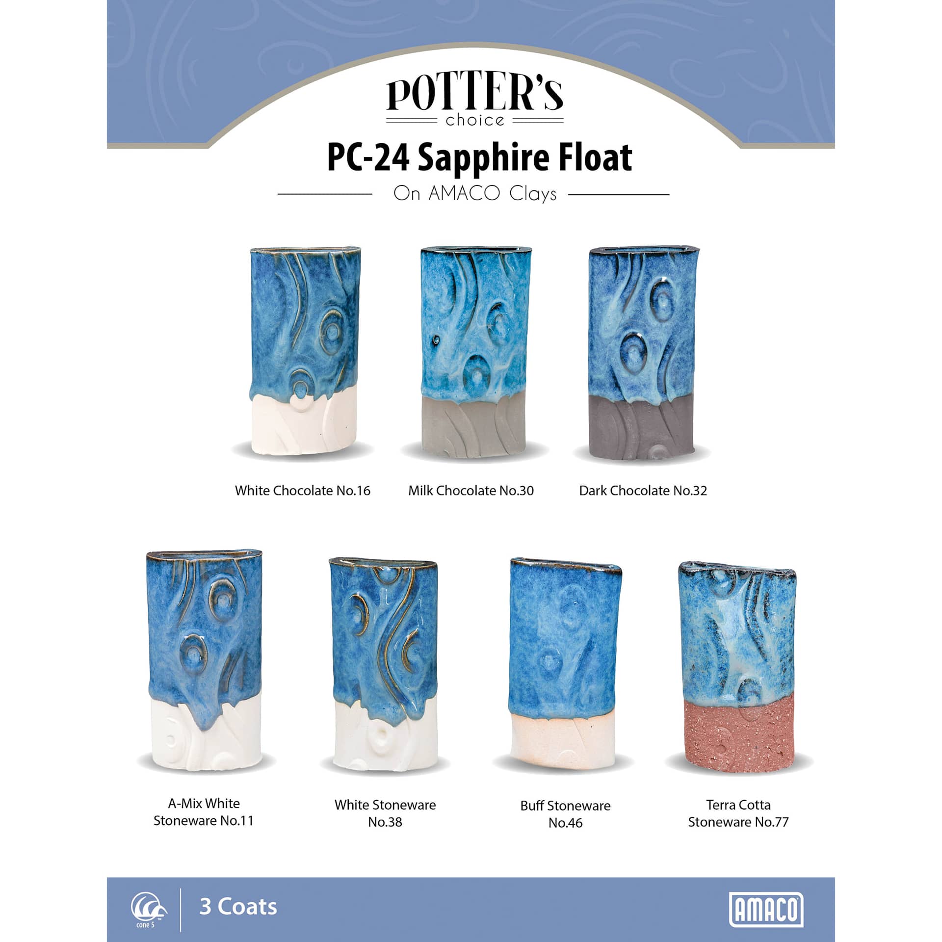 Sapphire Float Amaco Potter's Choice Glaze - 3 coats applied to Applied to White Chocolate, Milk Chocolate, Dark Chocolate, A-Mix White Stoneware, White Stoneware, Buff Stoneware, and Terra Cotta Stoneware clays.
