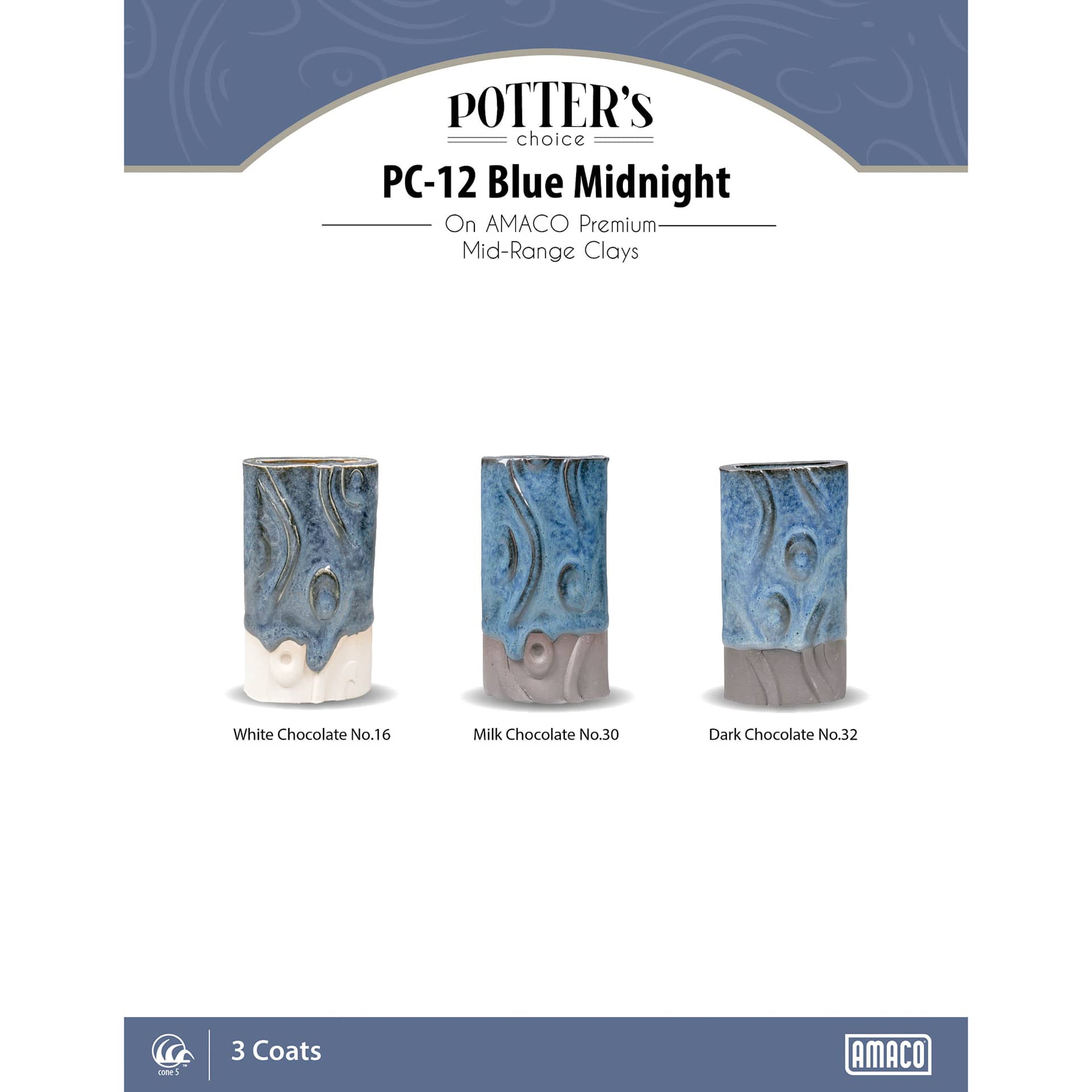 Blue Midnight Amaco Potter's Choice Glaze - 3 coats applied to Applied to White Chocolate No. 16 clay; Milk Chocolate No. 30 clay; and Dark Chocolate No. 32 clay.