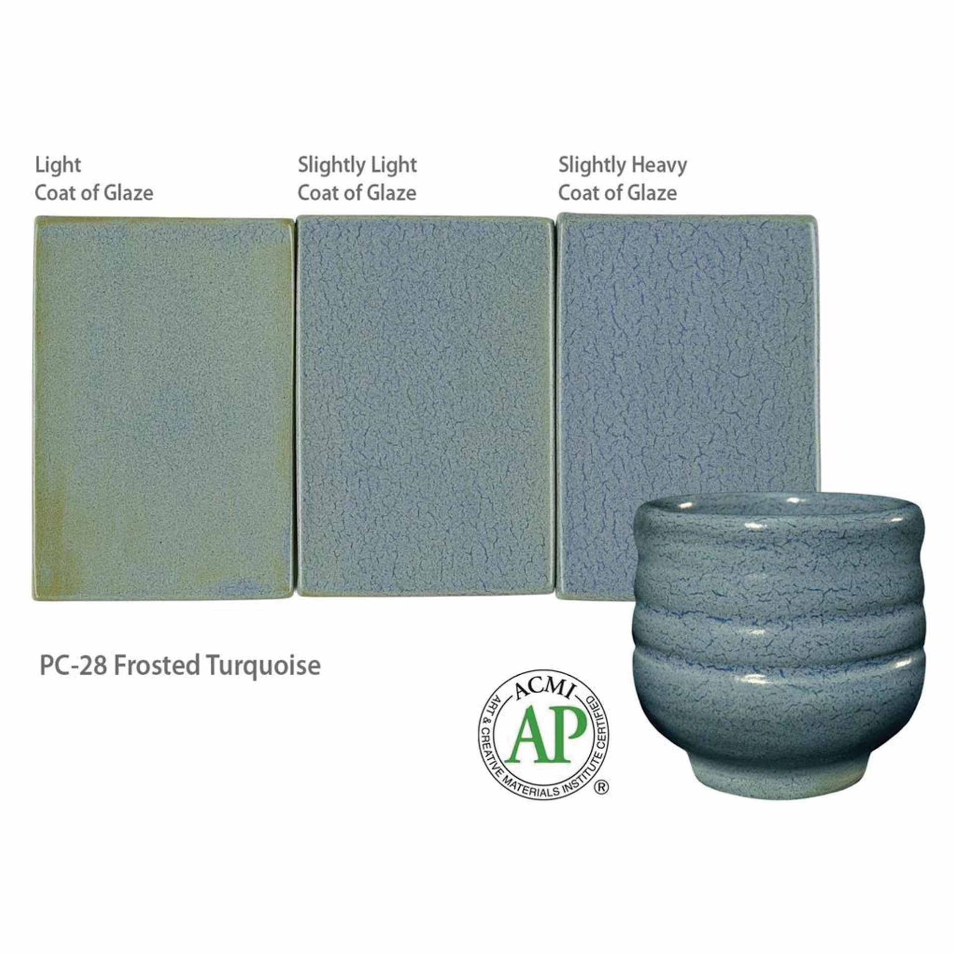 Frosted Turquoise Amaco Potter's Choice Glaze - Light coat of glaze; Slightly light coat of glaze; and Slightly heavy coat of glaze.