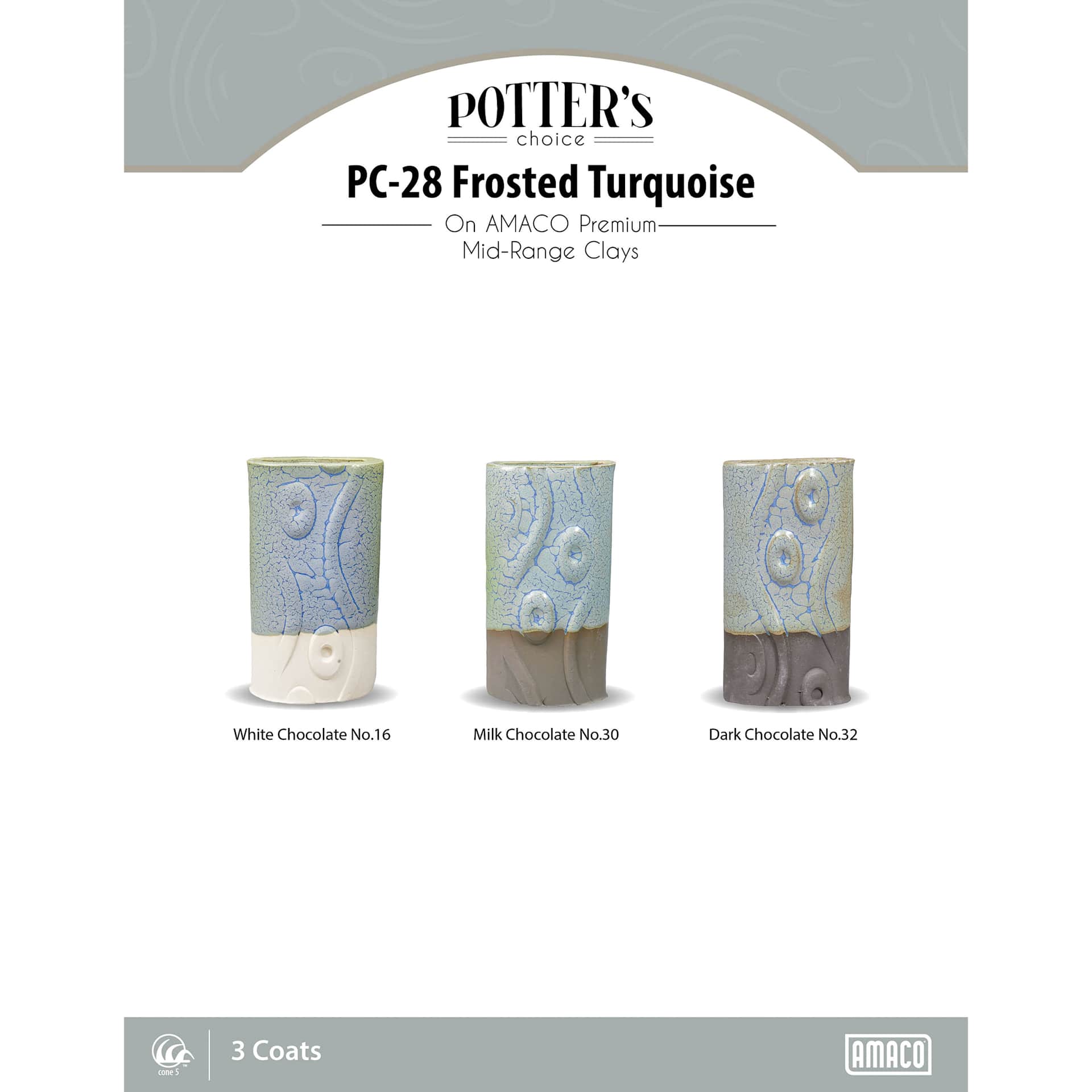 Frosted Turquoise Brown Amaco Potter's Choice Glaze - 3 coats applied to Applied to White Chocolate No. 16 clay; Milk Chocolate No. 30 clay; and Dark Chocolate No. 32 clay.