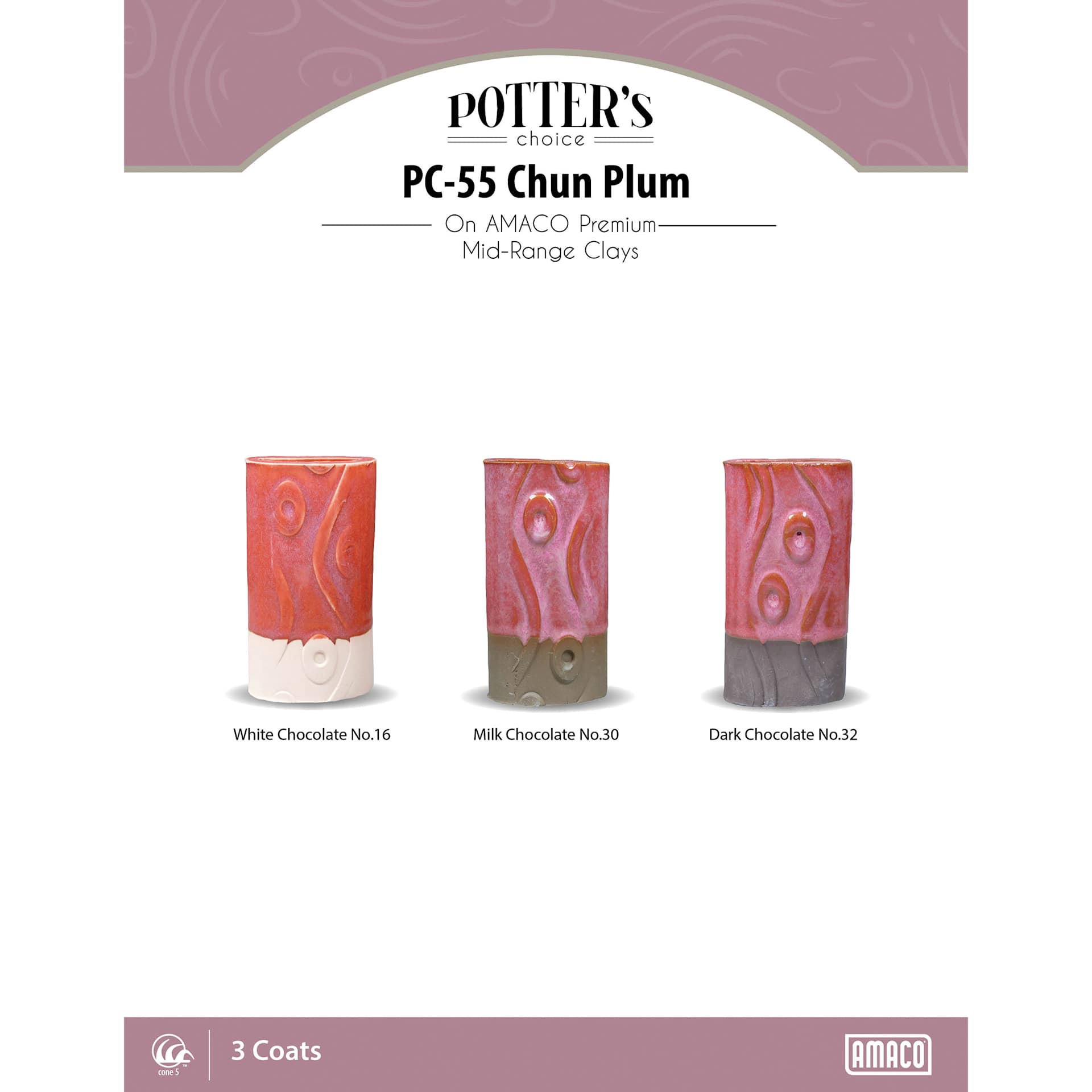 Chun Plum Amaco Potter's Choice Glaze - 3 coats applied to Applied to White Chocolate No. 16 clay; Milk Chocolate No. 30 clay; and Dark Chocolate No. 32 clay.