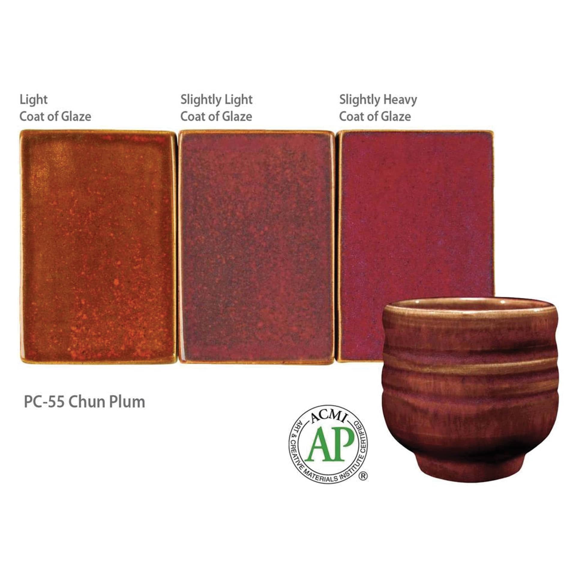 Amaco Potter's Choice Glaze - Gallon, Chun Plum coat gradients and finished example