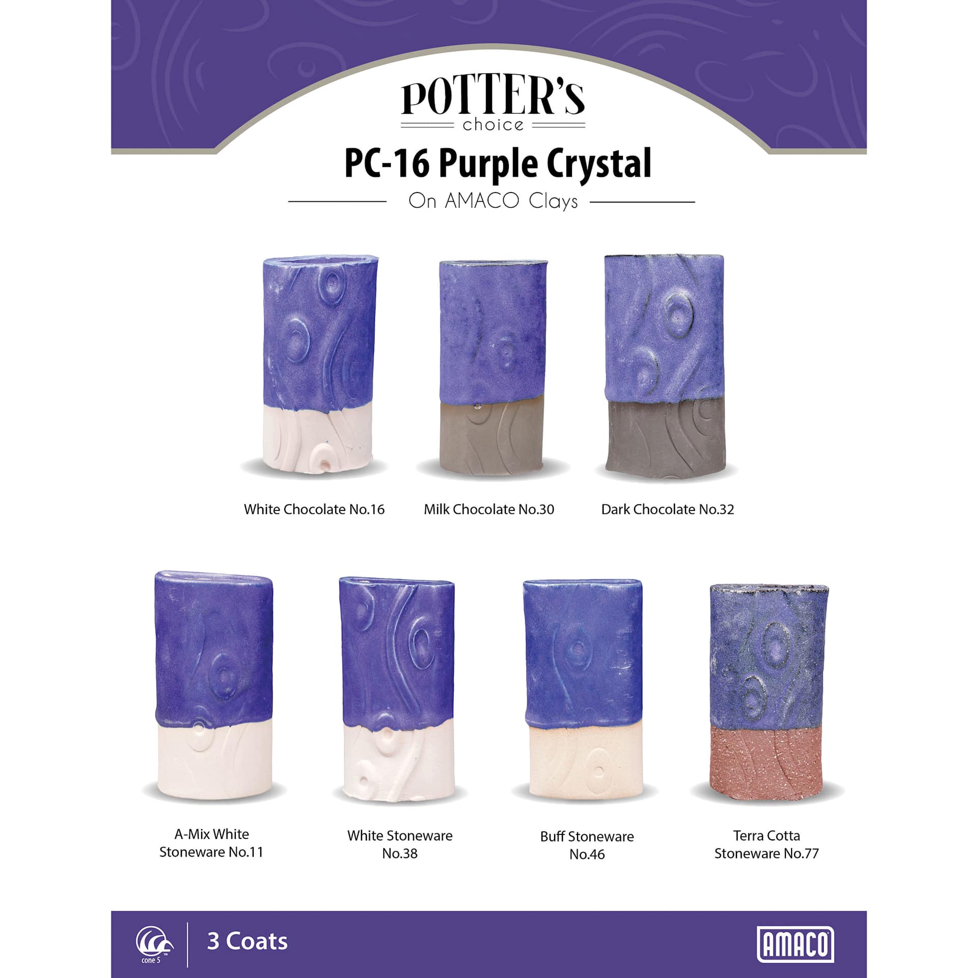 Purple Crystal Amaco Potter's Choice Glaze - 3 coats applied to Applied to White Chocolate, Milk Chocolate, Dark Chocolate, A-Mix White Stoneware, White Stoneware, Buff Stoneware, and Terra Cotta Stoneware clays.