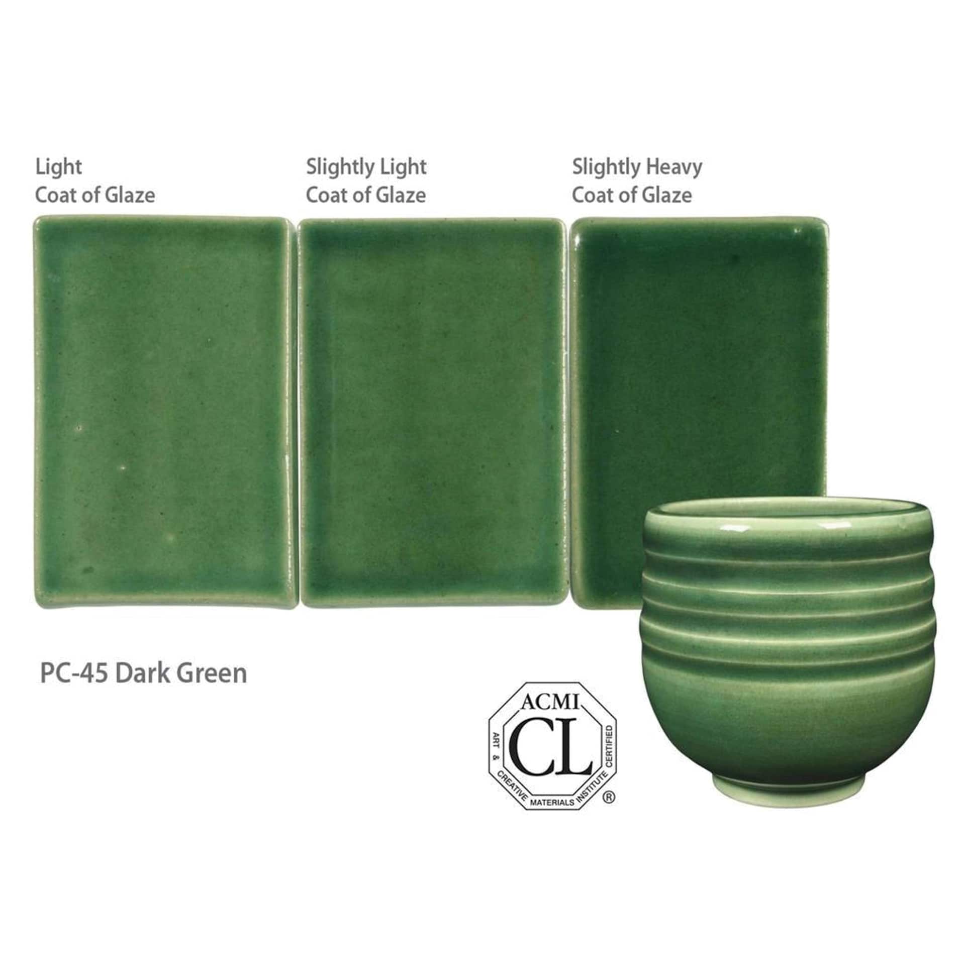 Dark Green Amaco Potter's Choice Glaze - Light coat of glaze; Slightly light coat of glaze; and Slightly heavy coat of glaze.