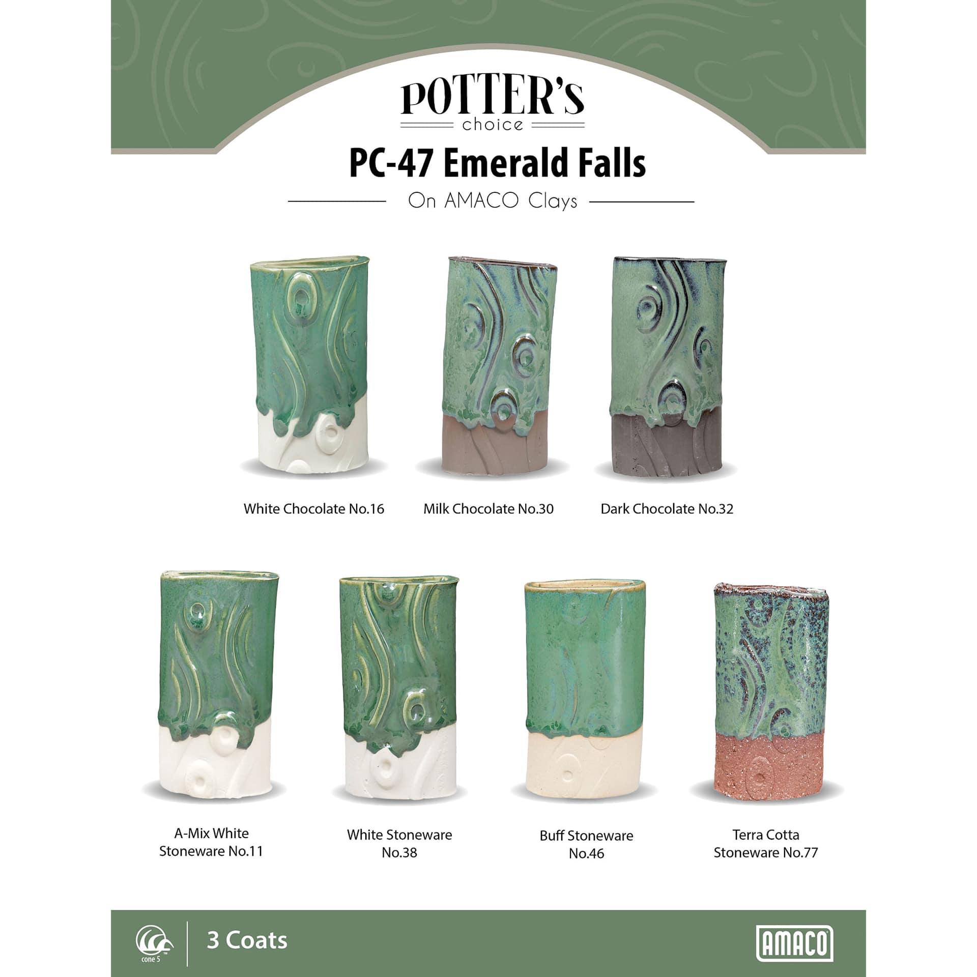 Emerald Falls Amaco Potter's Choice Glaze - 3 coats applied to Applied to White Chocolate, Milk Chocolate, Dark Chocolate, A-Mix White Stoneware, White Stoneware, Buff Stoneware, and Terra Cotta Stoneware clays.
