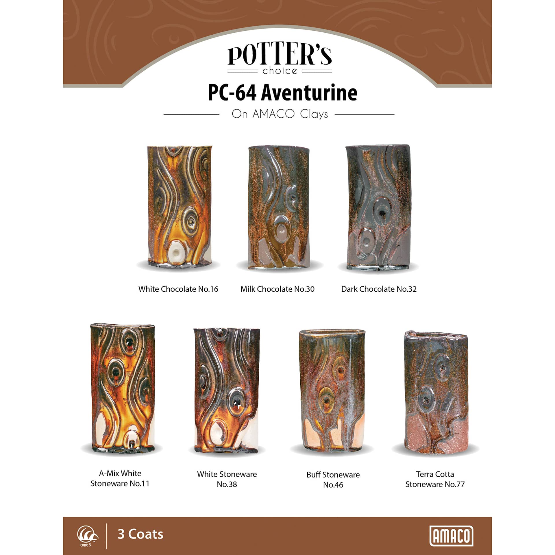 Aventurine Amaco Potter's Choice Glaze - 3 coats applied to Applied to White Chocolate, Milk Chocolate, Dark Chocolate, A-Mix White Stoneware, White Stoneware, Buff Stoneware, and Terra Cotta Stoneware clays.