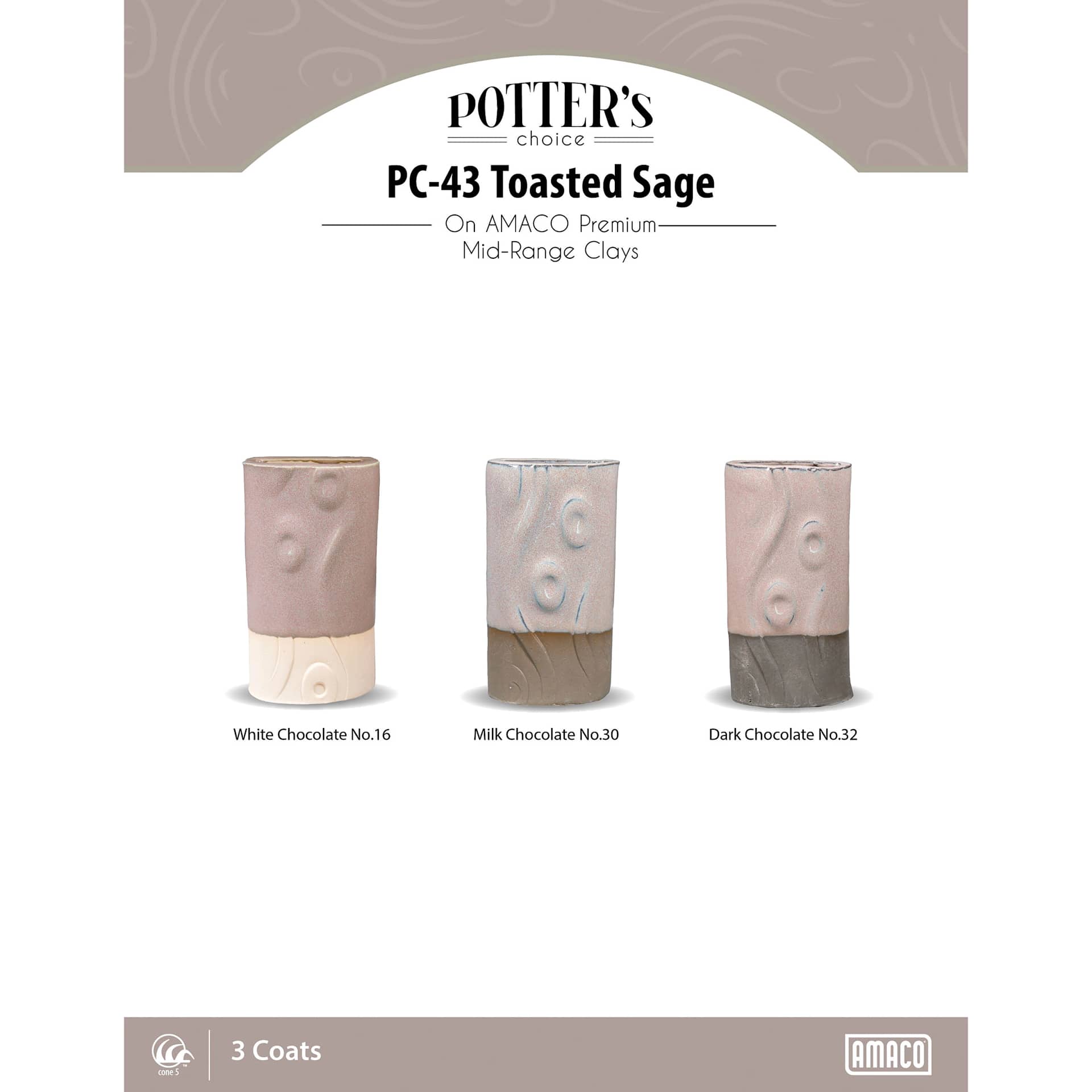 Toasted Sage Amaco Potter's Choice Glaze - 3 coats applied to Applied to White Chocolate No. 16 clay; Milk Chocolate No. 30 clay; and Dark Chocolate No. 32 clay. 