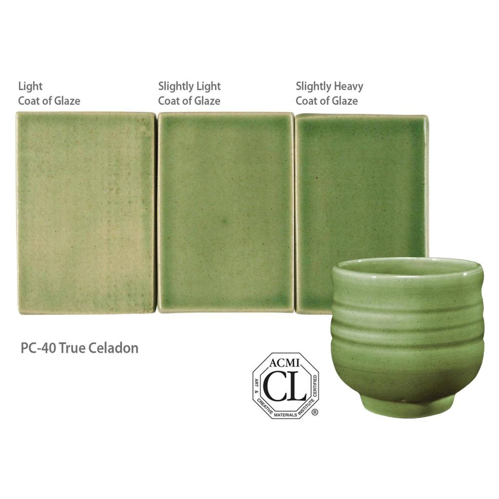 True Celadon Amaco Potter's Choice Glaze - Light coat of glaze; Slightly light coat of glaze; and Slightly heavy coat of glaze.