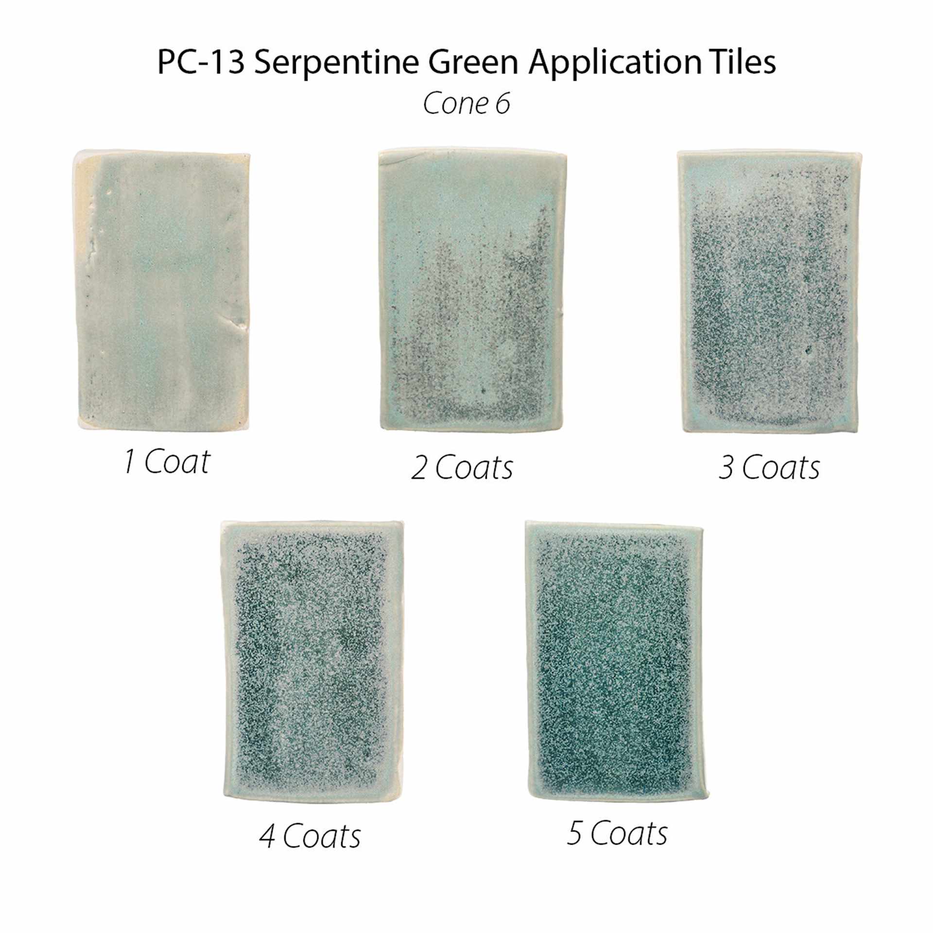 Serpentine Green Amaco Potter's Choice Glaze application tiles showing 1 coat, 2 coat, 3 coats, 4 coats, and 5 coats of glaze fired to Cone 6.