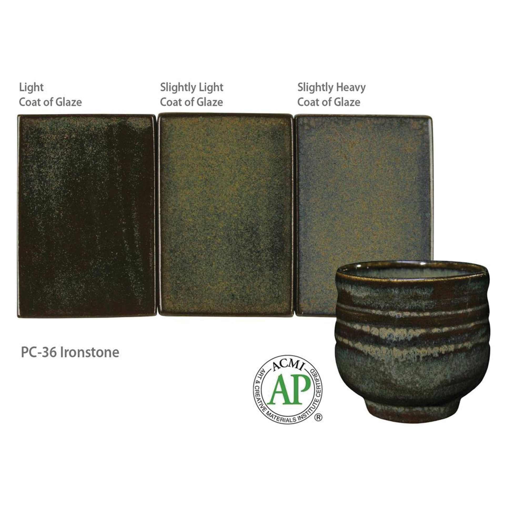 Ironstone Amaco Potter's Choice Glaze - Light coat of glaze; Slightly light coat of glaze; and Slightly heavy coat of glaze.