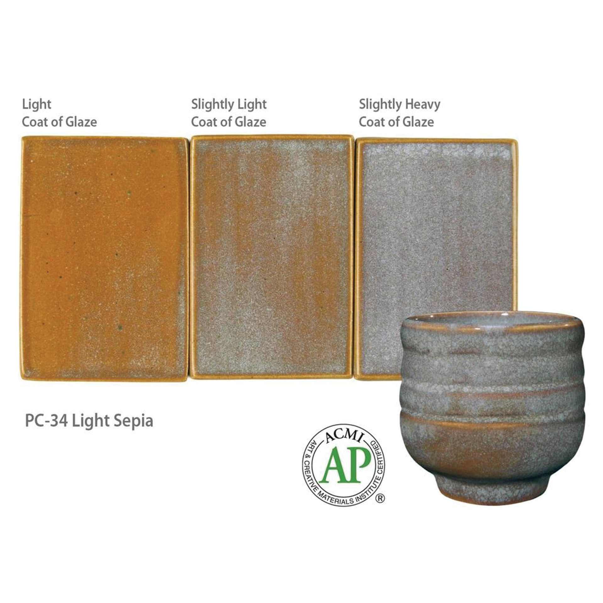 Light Sepia Amaco Potter's Choice Glaze - Light coat of glaze; Slightly light coat of glaze; and Slightly heavy coat of glaze.