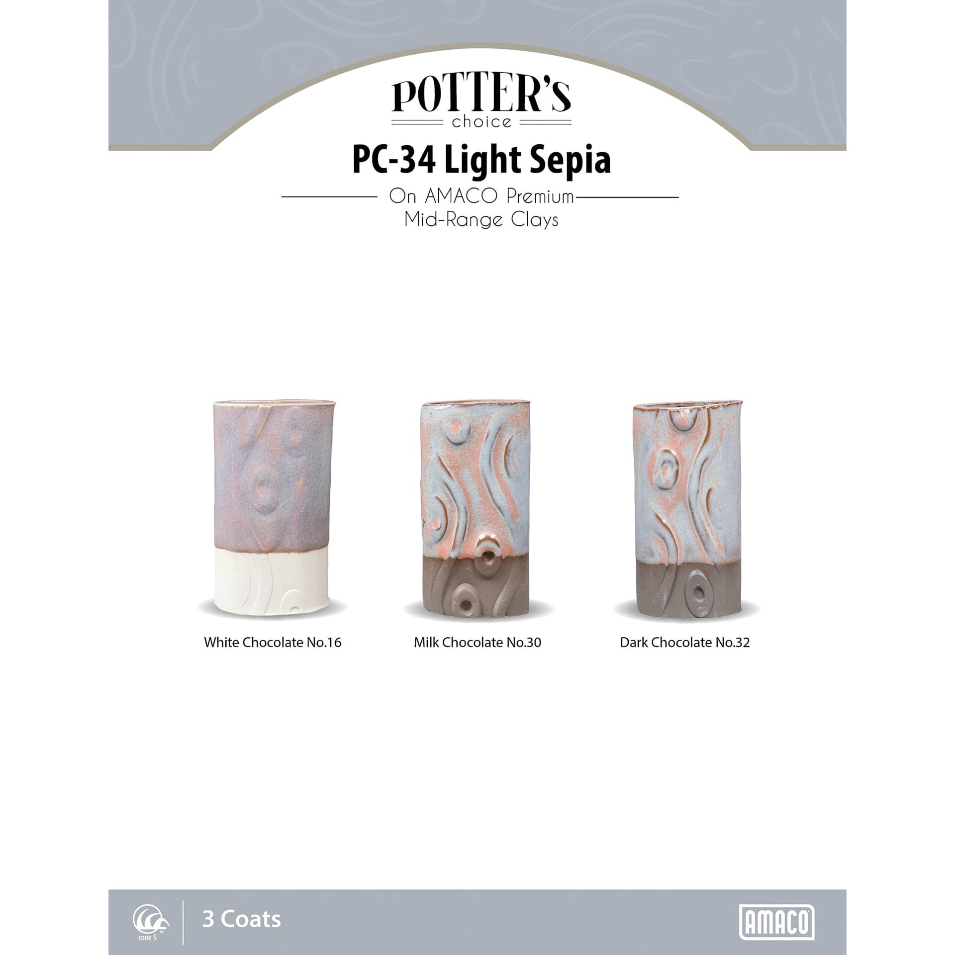 Light Sepia Amaco Potter's Choice Glaze - 3 coats applied to Applied to White Chocolate No. 16 clay; Milk Chocolate No. 30 clay; and Dark Chocolate No. 32 clay.
