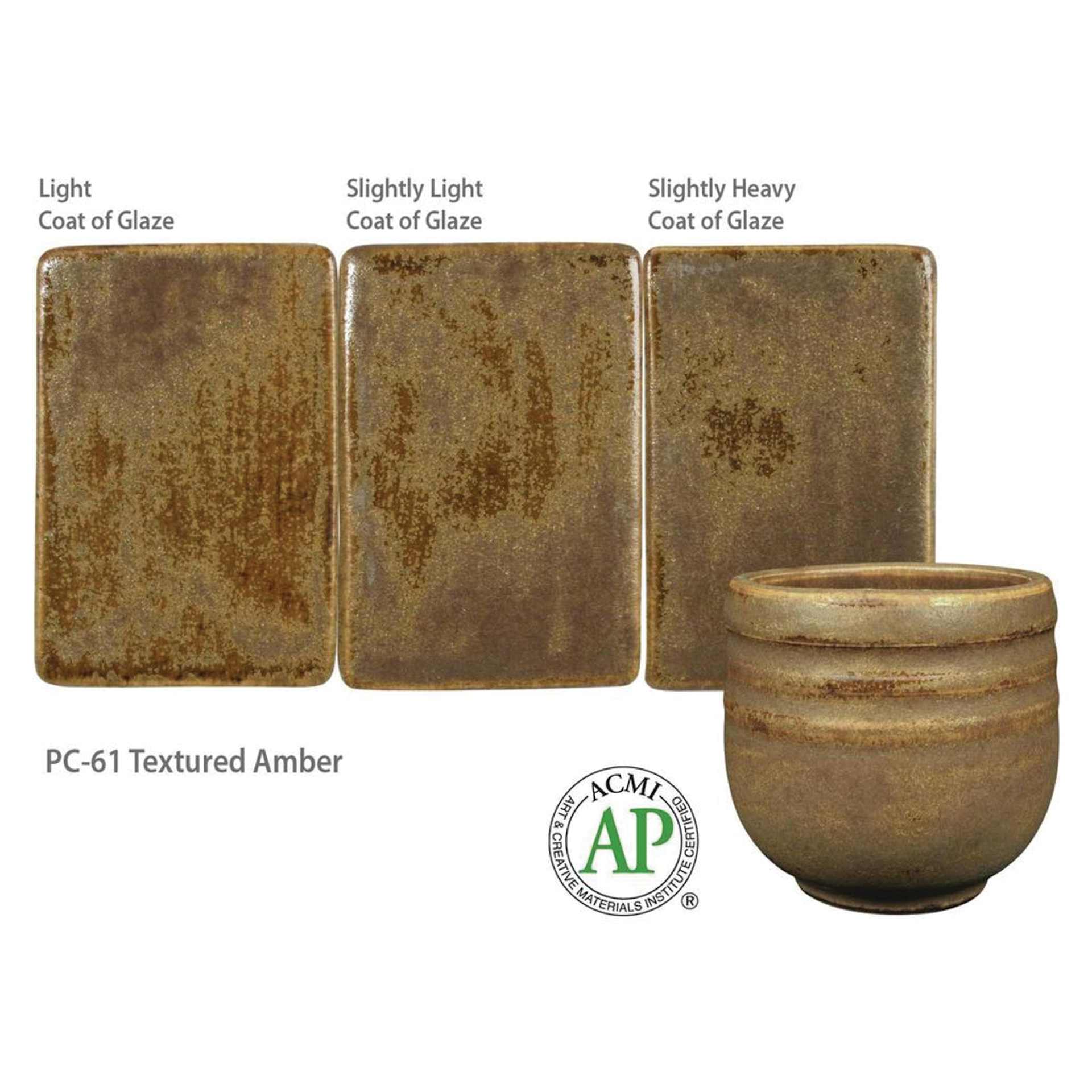 Textured Amber Amaco Potter's Choice Glaze - Light coat of glaze; Slightly light coat of glaze; and Slightly heavy coat of glaze.