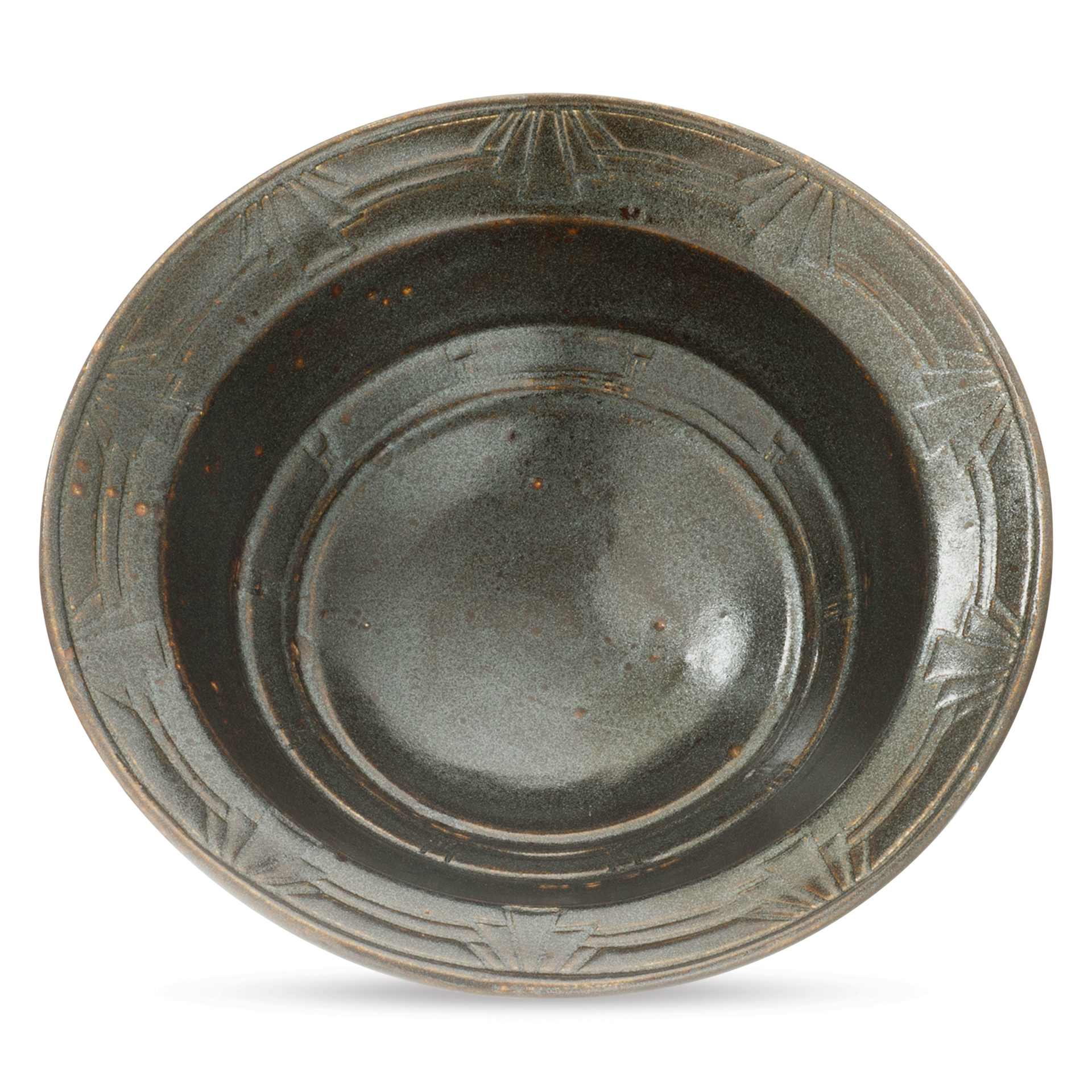 Cosmic Tea Dust Amaco Potter's Choice Glaze applied to a dish.